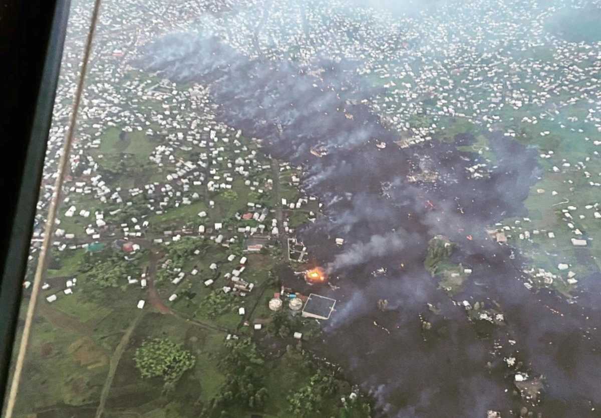 FILE PHOTO: Aerial view shows the area affected by lava from the Mount Nyiragongo volcano eruption in Goma, Democratic Republic of Congo May 23, 2021 in this picture obtained from social media. Virunga National Park