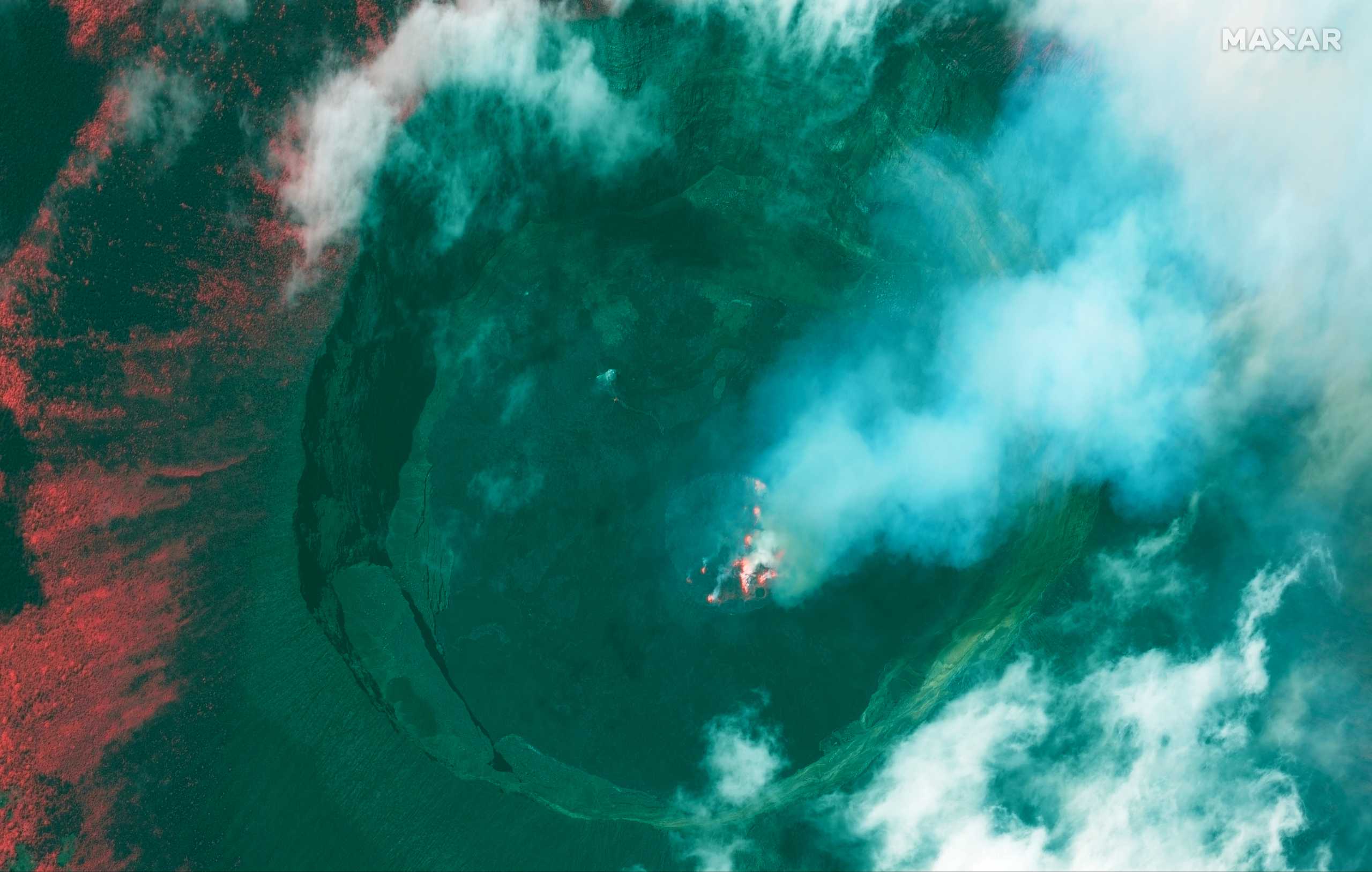 Volcanic activity is seen in the crater at Mount Nyiragongo before eruption near Goma, in the Democratic Republic of Congo May 20, 2021, in this image that combines infrared and natural-color images. Picture taken May 20, 2021. Satellite image ©2021 Maxar Technologies