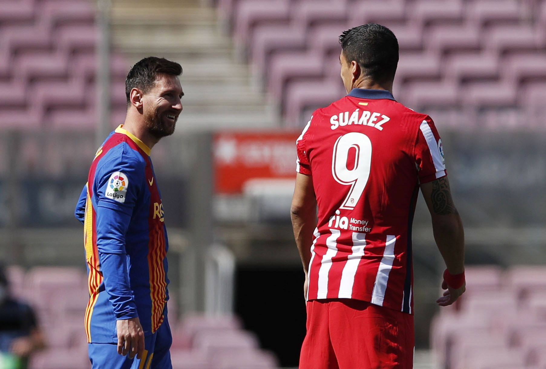 Soccer Football - La Liga Santander - FC Barcelona v Atletico Madrid - Camp Nou, Barcelona, Spain - May 8, 2021 Atletico Madrid's Luis Suarez with FC Barcelona's Lionel Messi before the match REUTERS