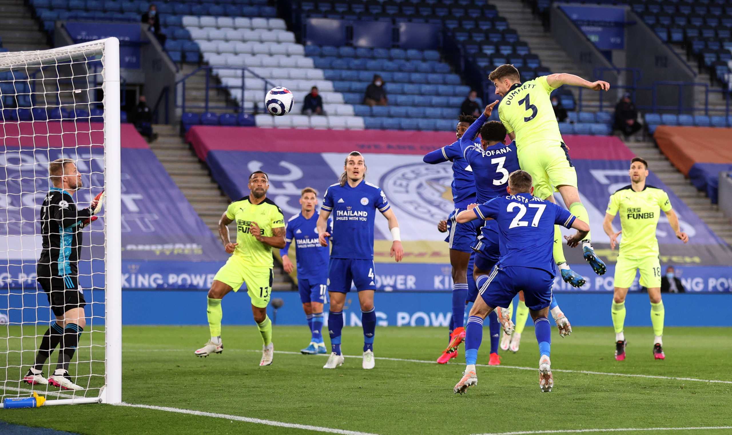 Soccer Football - Premier League - Leicester City v Newcastle United - King Power Stadium, Leicester, Britain - May 7, 2021 Newcastle United's Paul Dummett scores their second goal Pool via REUTERS