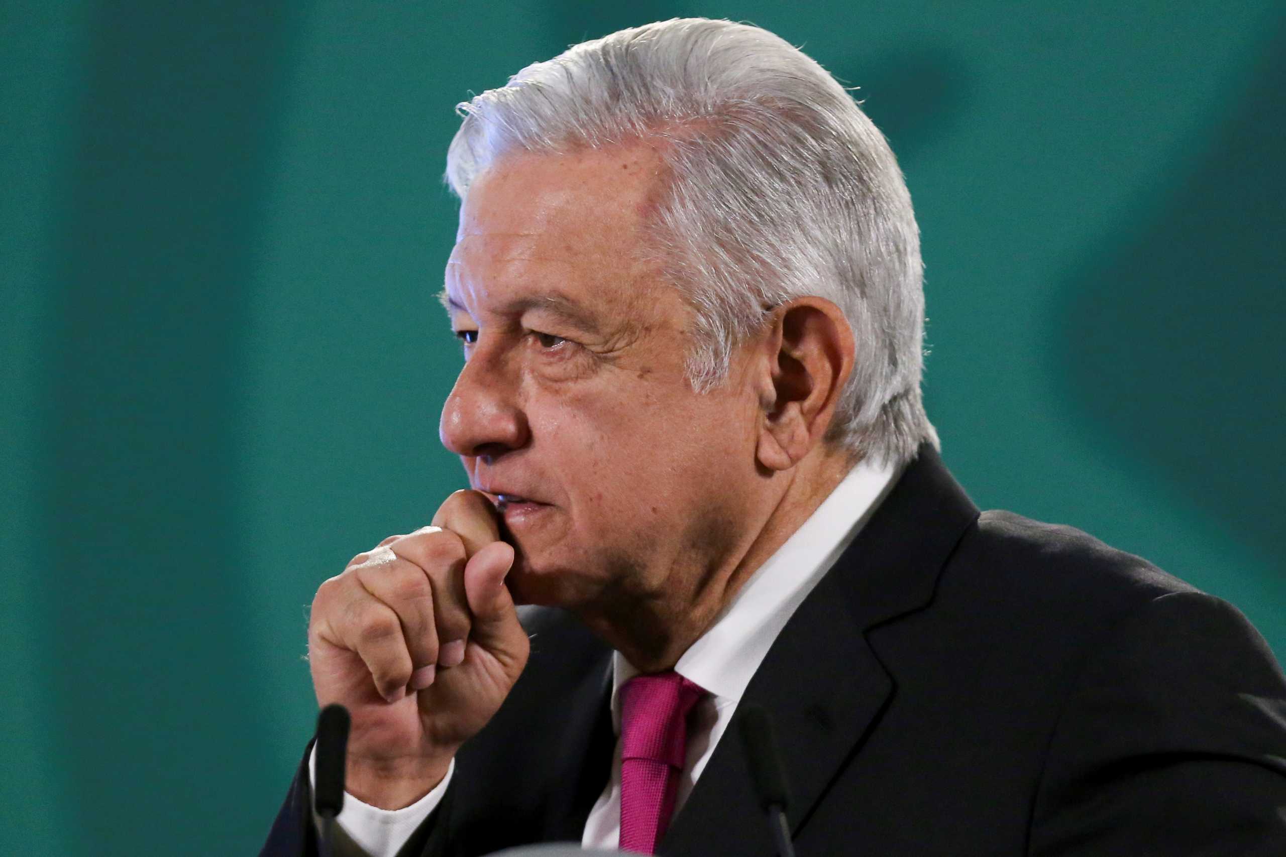 FILE PHOTO: Mexico's President Andres Manuel Lopez Obrador gestures during a news conference at the National Palace in Mexico City, Mexico, April 13, 2021. REUTERS