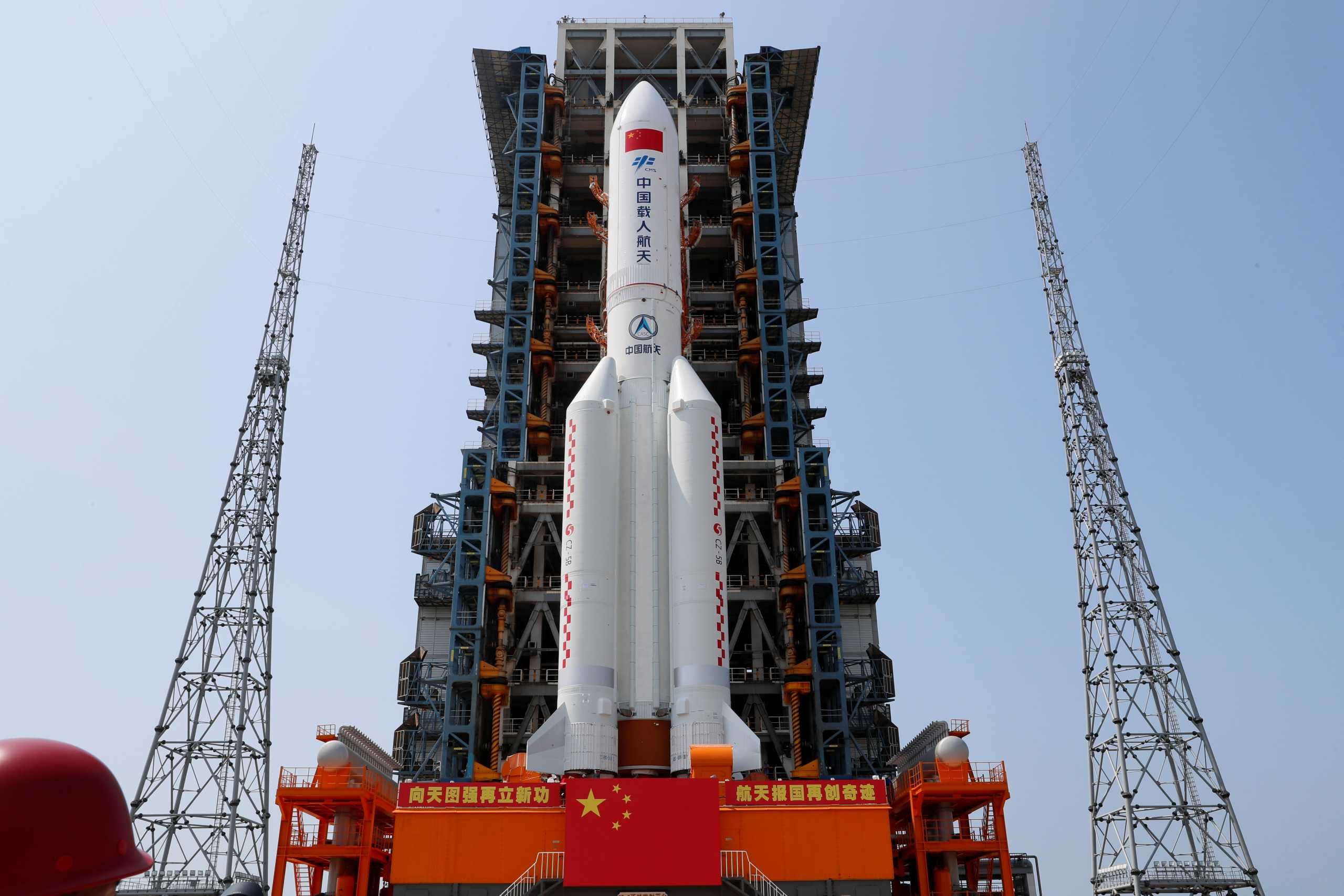 The Long March-5B Y2 rocket, carrying the core module of China's space station Tianhe, sits at the launch pad of Wenchang Space Launch Center in Hainan province, China April 23, 2021. China Daily via REUTERS  ATTENTION EDITORS - THIS IMAGE WAS PROVIDED BY A THIRD PARTY. CHINA OUT.