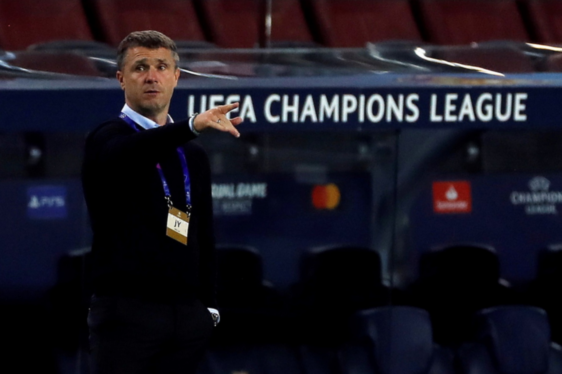 epa08760352 Ferencvaros' head coach Serhiy Rebrov reacts during the UEFA Champions League Group G soccer match between FC Barcelona and Ferencvaros held at Camp Nou stadium, in Barcelona, Spain, 20 October 2020.  EPA