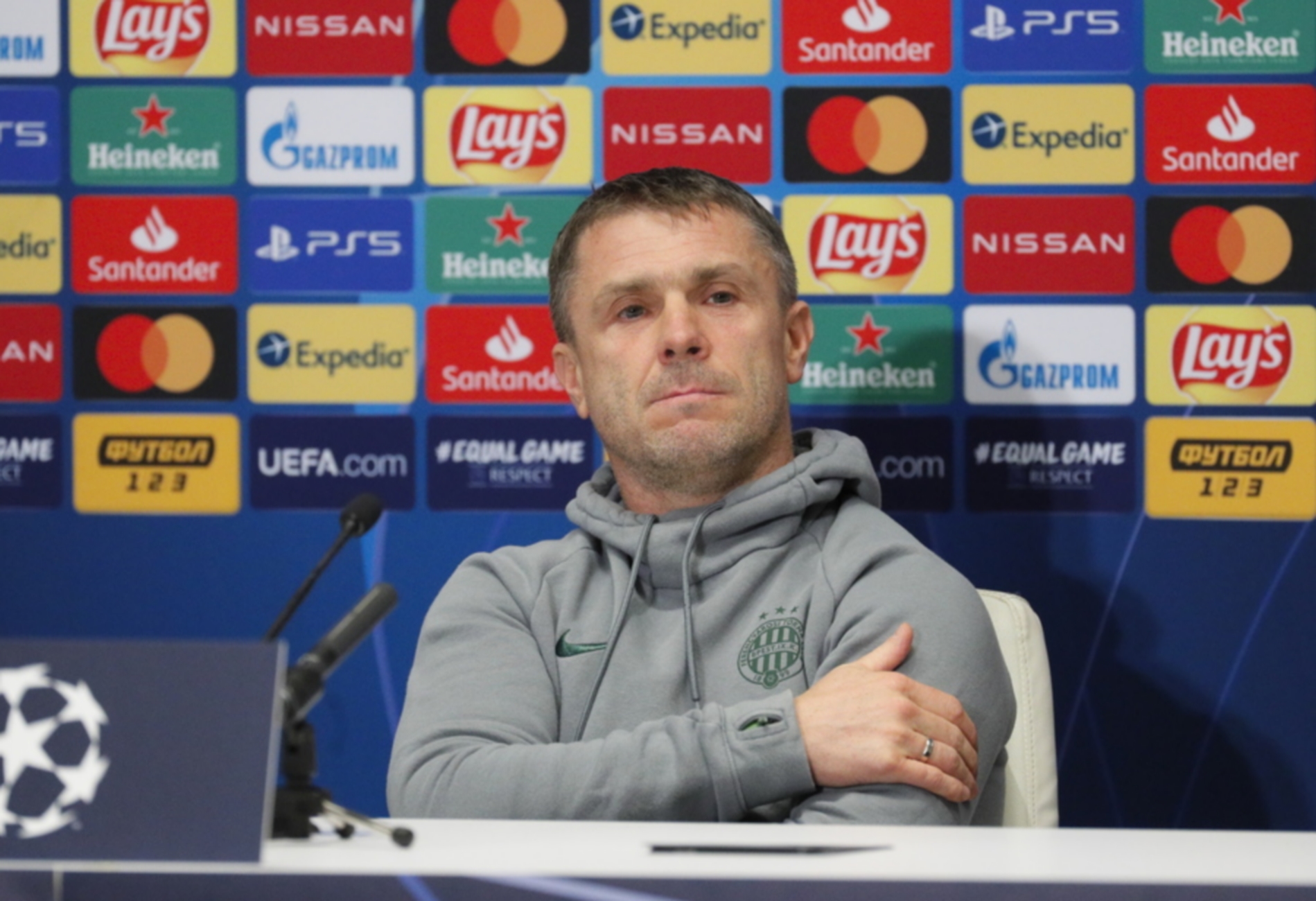 epa08868688 Ferencvaros head coach Serhiy Rebrov attends a press conference in Kiev, Ukraine, 07 December 2020. Dynamo Kyiv will face Ferencvaros in their UEFA Champions League group G soccer match in Kiev, Ukraine on 08 December 2020.  EPA