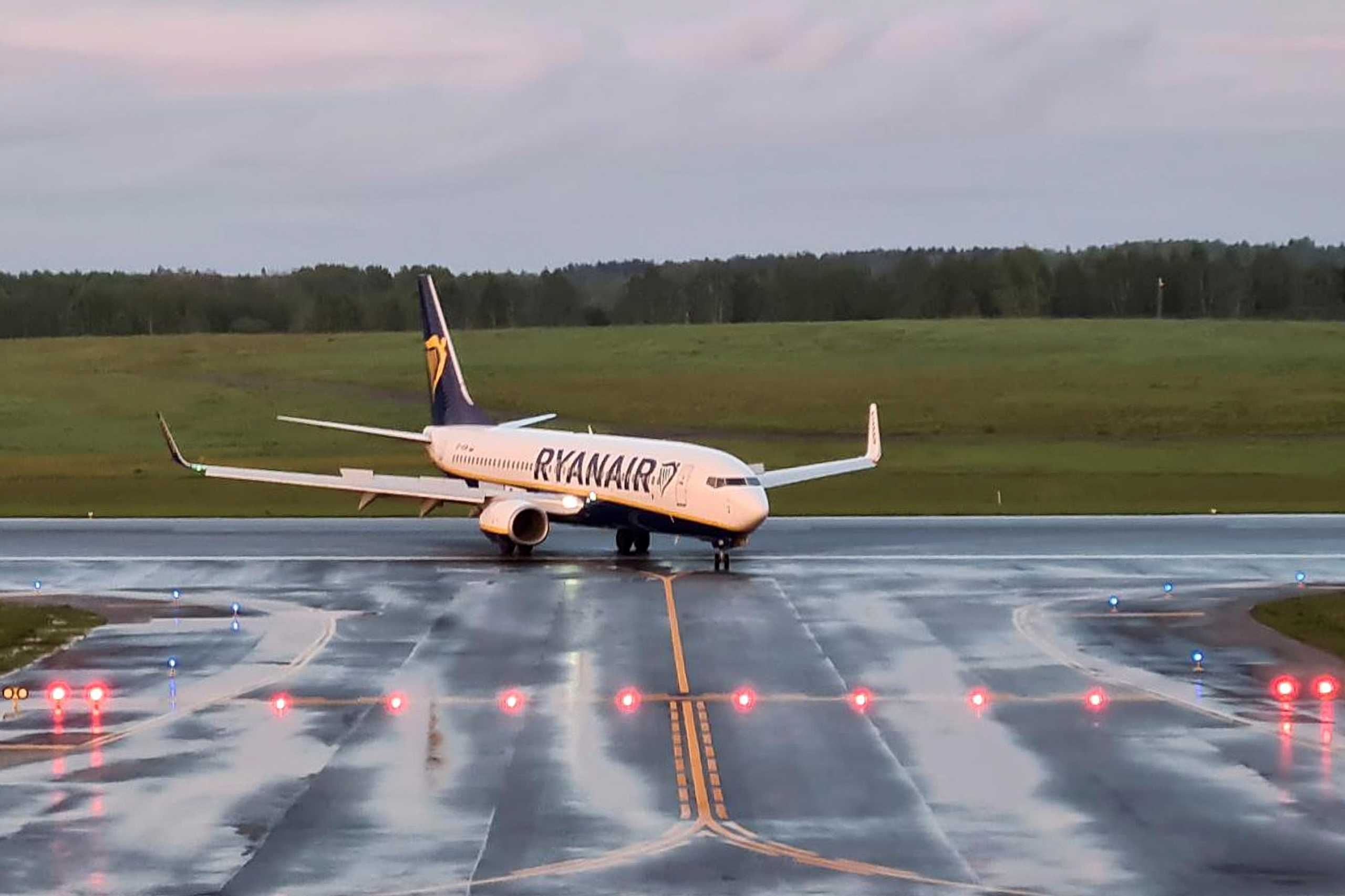 A Ryanair aircraft, which was carrying Belarusian opposition blogger and activist Roman Protasevich and diverted to Belarus, where authorities detained him, lands at Vilnius Airport in Vilnius, Lithuania May 23, 2021. REUTERS