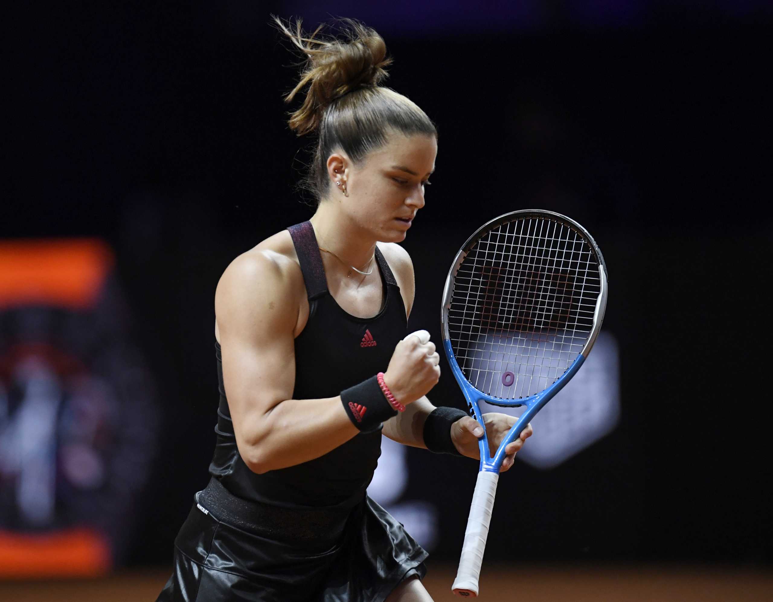 Tennis - WTA 500 - Stuttgart Open - Porsche-Arena, Stuttgart, Germany - April 19, 2021 Greece's Maria Sakkari reacts during her first round match against Germany's Andrea Petkovic Pool via REUTERS