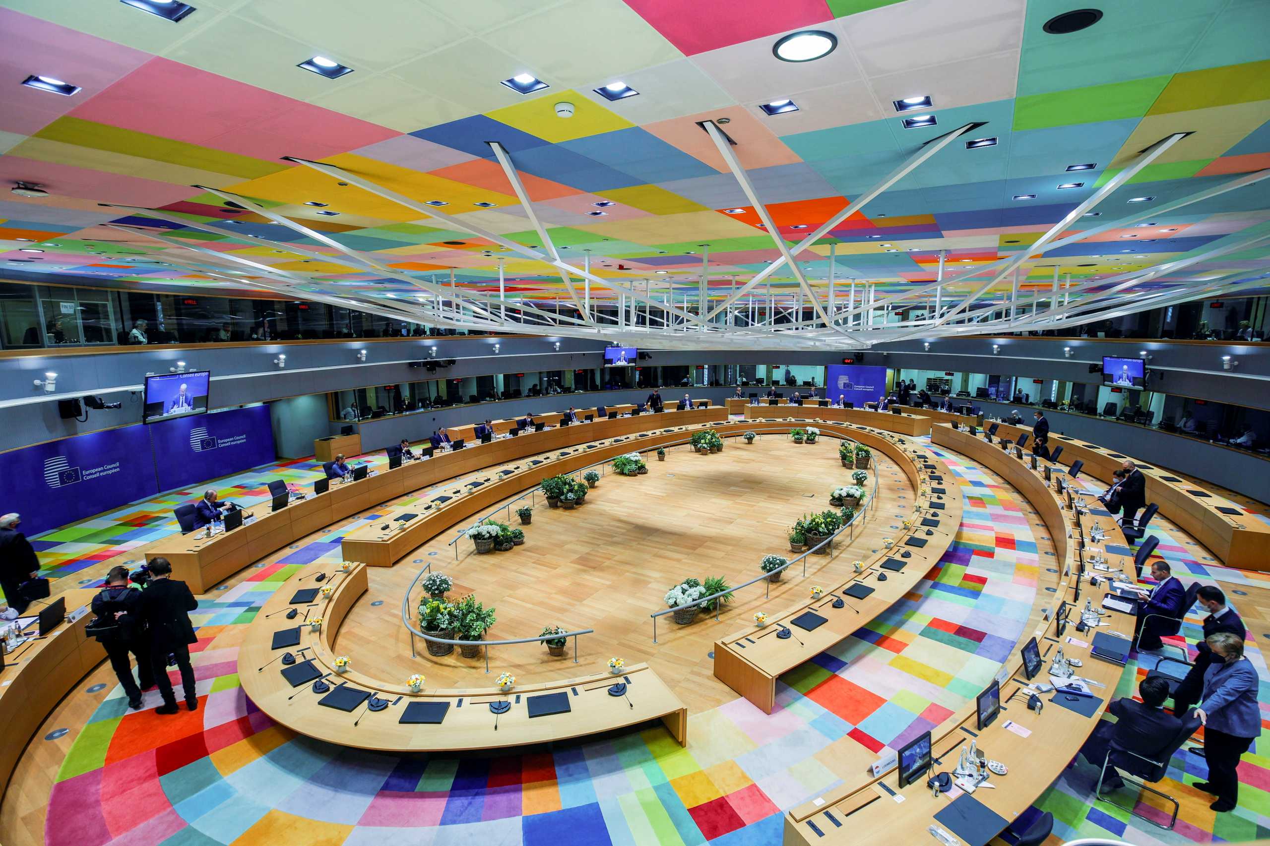 European Union leaders attend a round table meeting on the second day of a face-to-face EU summit in Brussels, Belgium May 25, 2021. Olivier Matthys