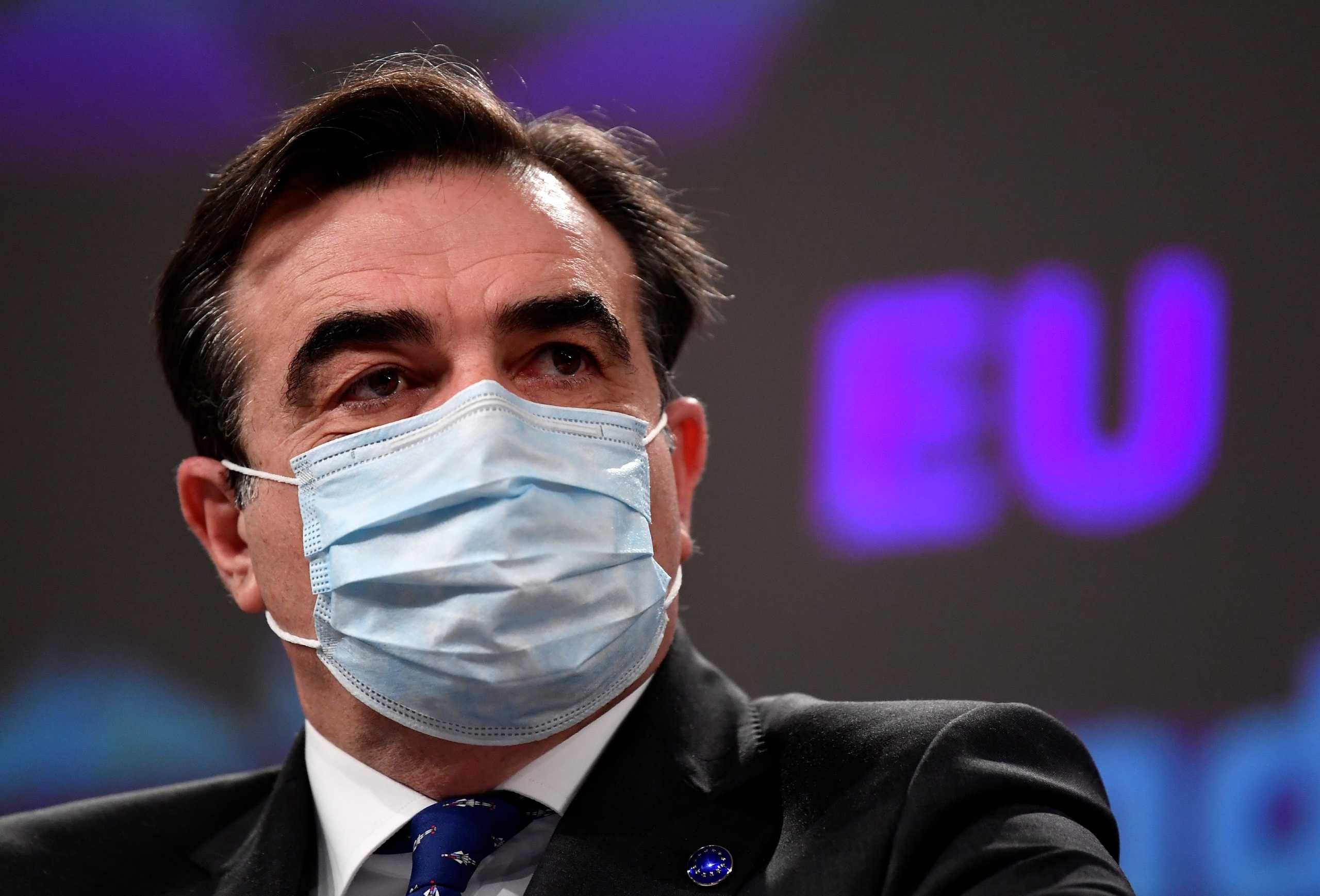 European Commission Vice-President for Promoting our European Way of Life, Margaritis Schinas attends a news conference at the EU headquarters in Brussels, Belgium April 14, 2021. John Thys