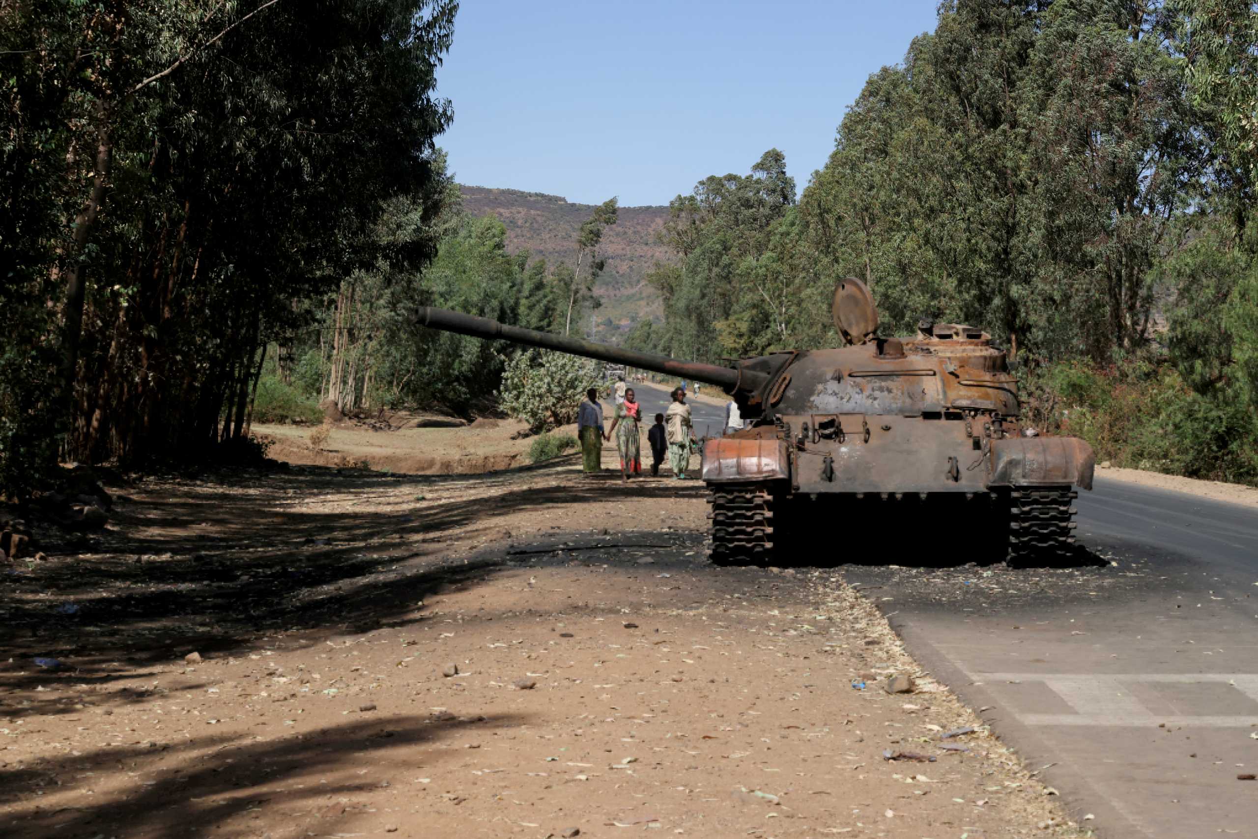 FILE PHOTO: A burned tank stands near the town of Adwa, Tigray region, Ethiopia, March 18, 2021. REUTERS