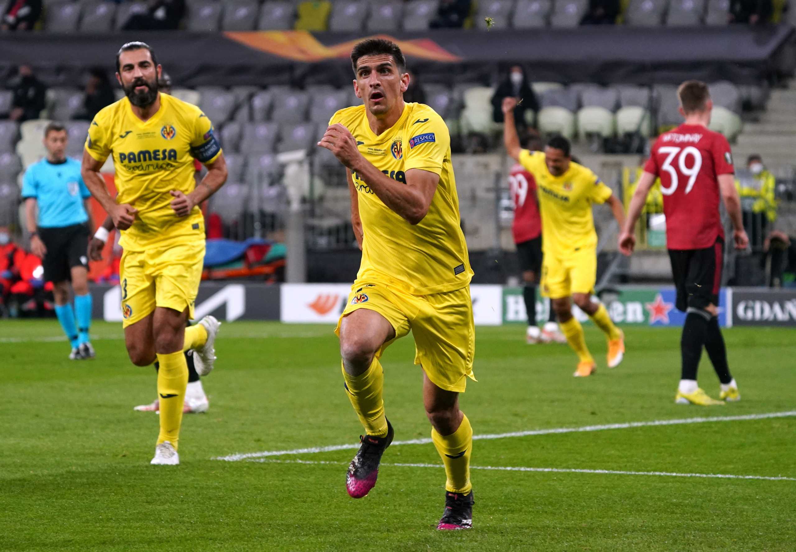 Soccer Football - Europa League Final - Villarreal v Manchester United - Polsat Plus Arena Gdansk, Gdansk, Poland - May 26, 2021 Villarreal's Gerard Moreno celebrates scoring their first goal Pool via REUTERS