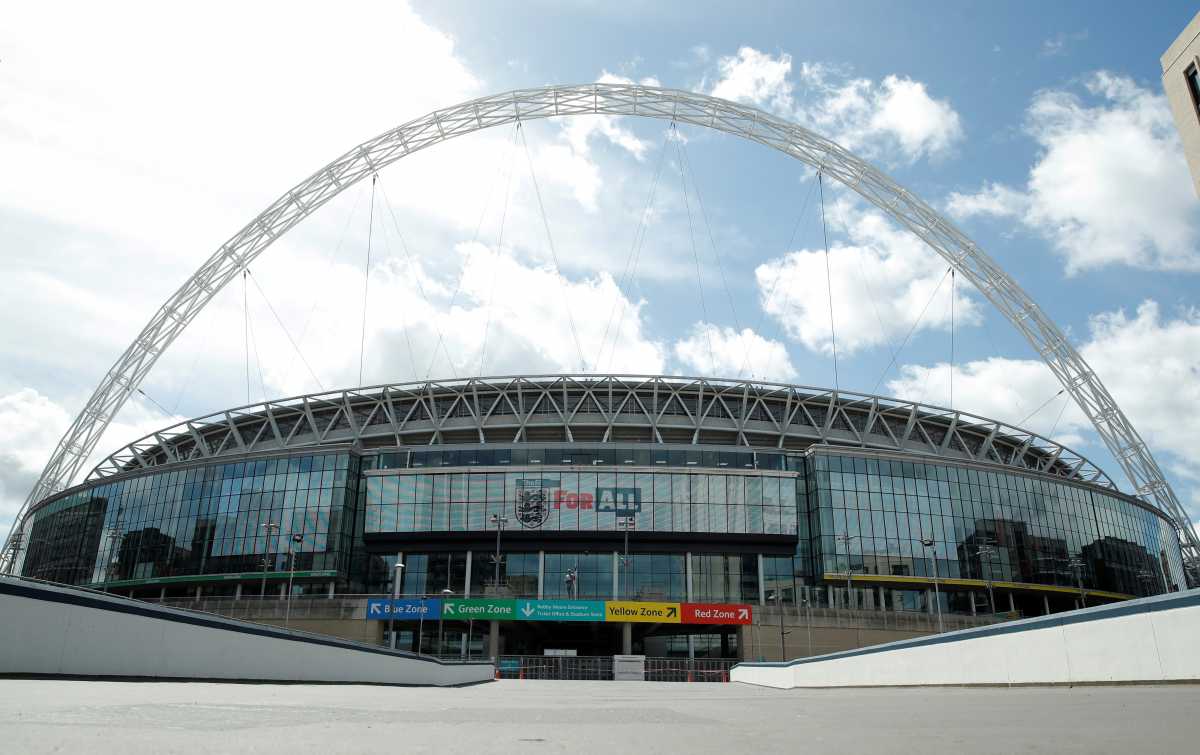 FILE PHOTO: General view outside Wembley stadium where the FA Cup Final was due to take place today before being postponed following the outbreak of the coronavirus disease (COVID-19), London, Britain, May 23, 2020. REUTERS