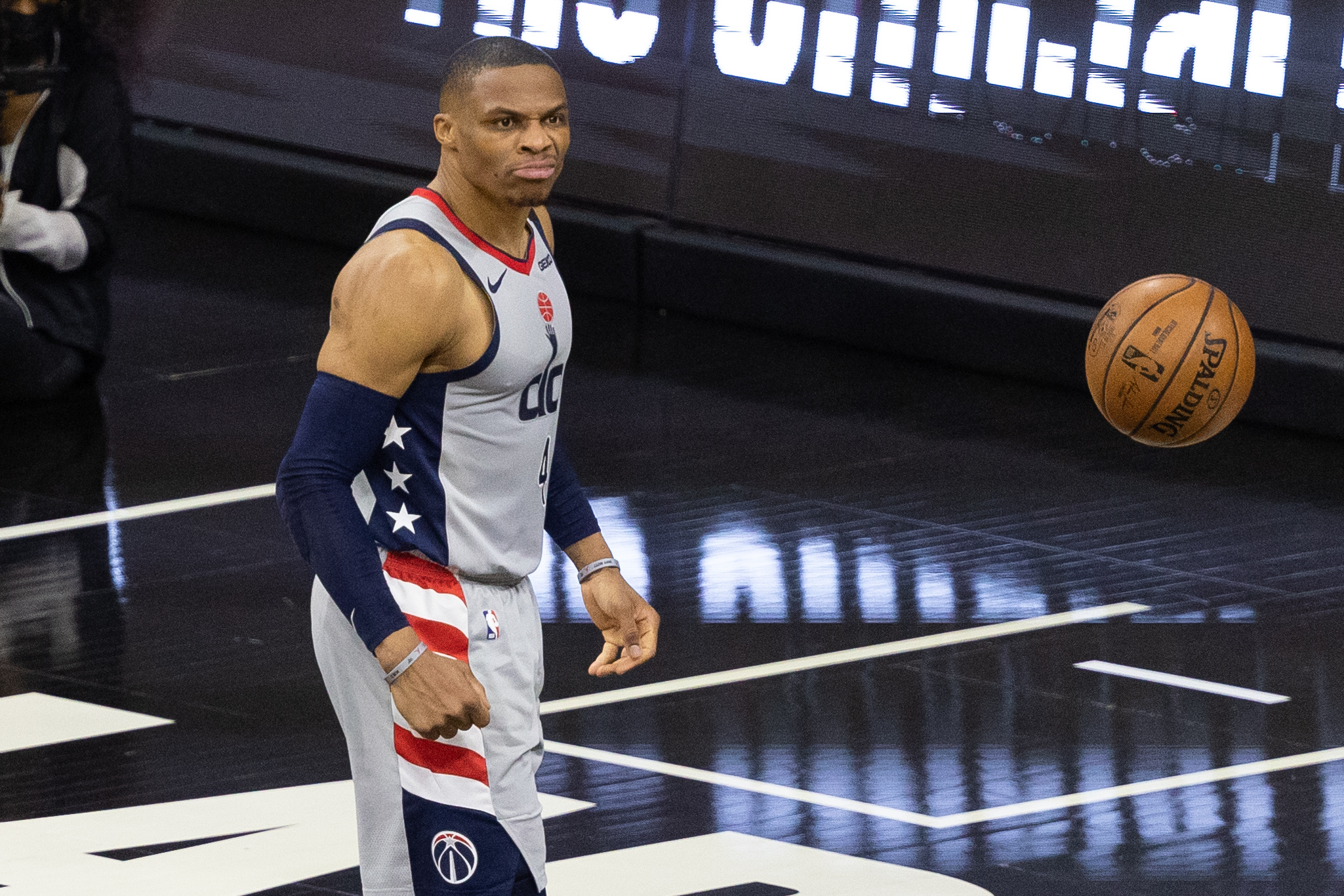 May 26, 2021; Philadelphia, Pennsylvania, USA; Washington Wizards guard Russell Westbrook (4) reacts after a dunk against the Philadelphia 76ers during the second quarter of game two in the first round of the 2021 NBA Playoffs at Wells Fargo Center. Mandatory Credit: Bill Streicher-USA TODAY Sports