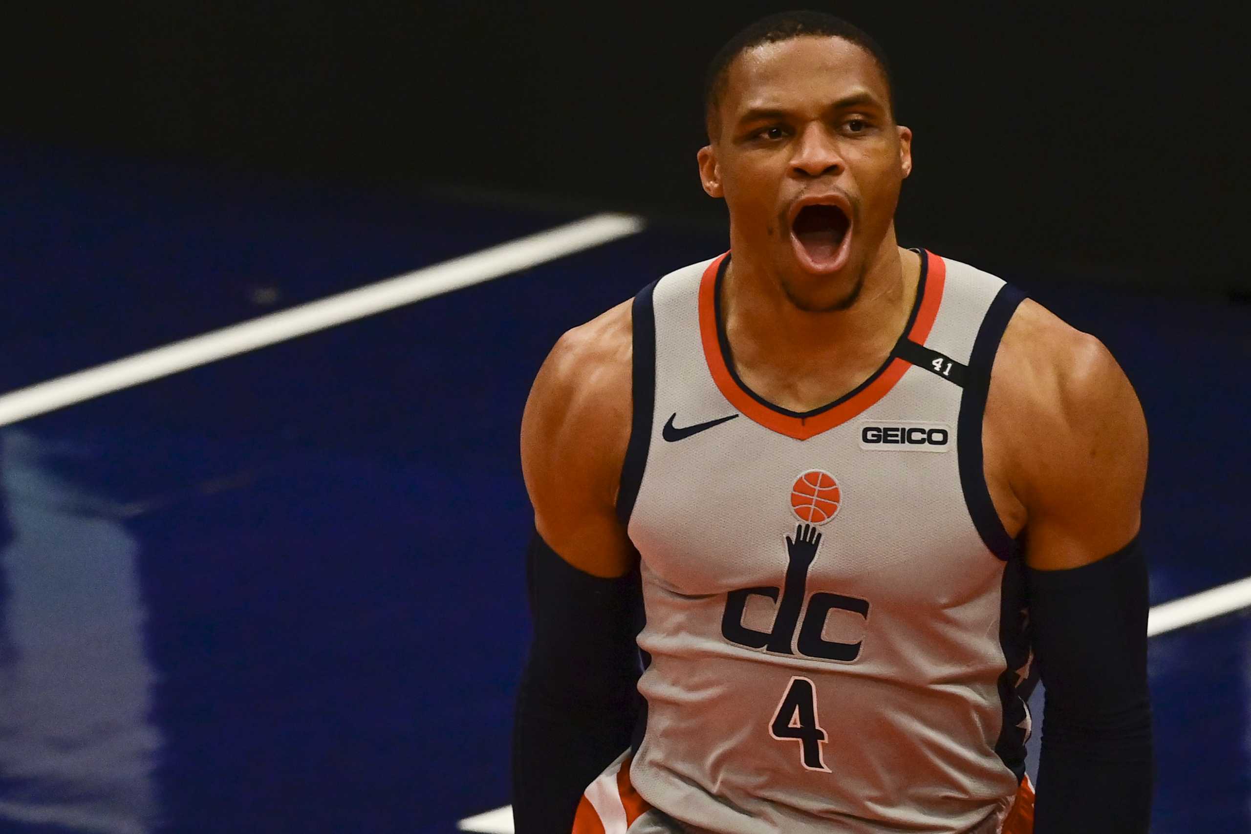 May 20, 2021; Washington, District of Columbia, USA;  Washington Wizards guard Russell Westbrook (4) reacts after making a basket during the third quarter against the Indiana Pacers at Capital One Arena. Mandatory Credit: Tommy Gilligan-USA TODAY Sports