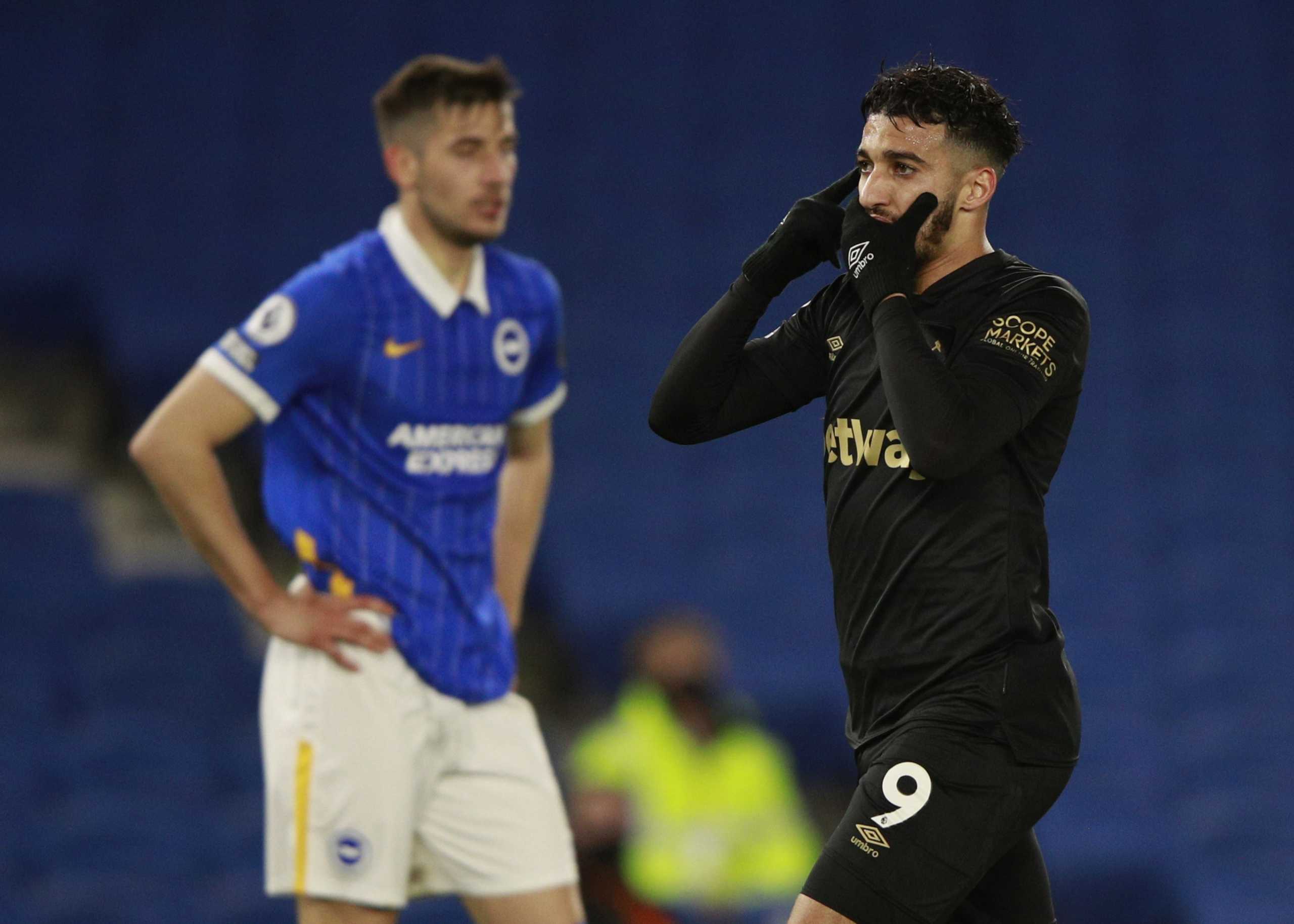Soccer Football - Premier League - Brighton & Hove Albion v West Ham United - The American Express Community Stadium, Brighton, Britain - May 15, 2021 West Ham United's Said Benrahma celebrates scoring their first goal Pool via REUTERS