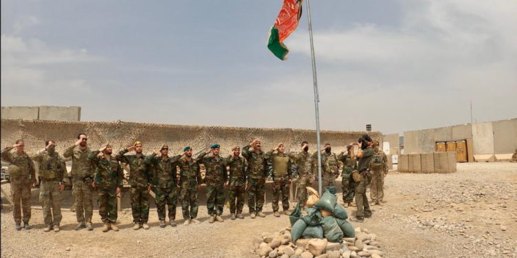 Handover ceremony at Camp Anthonic, from U.S. Army to Afghan Defense Forces in Helmand province, Afghanistan May 2, 2021. Picture taken May 2, 2021. Ministry of Defense Press Office