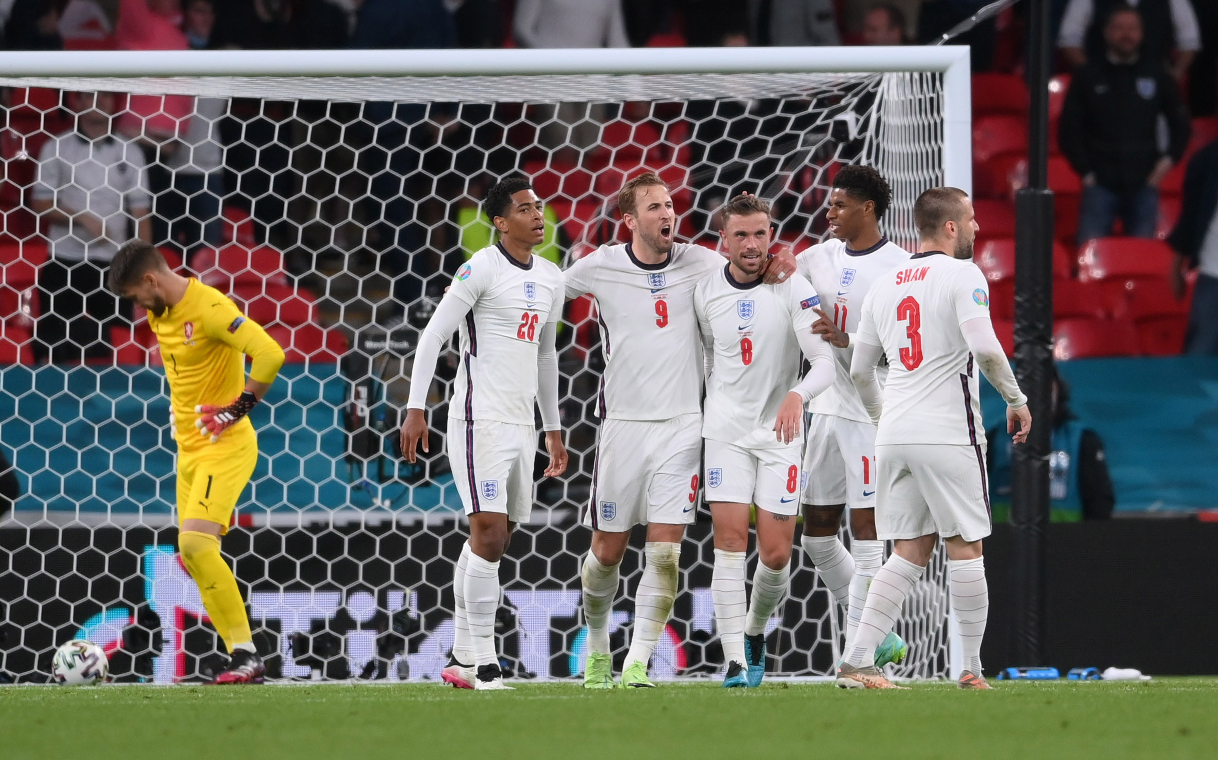 Soccer Football - Euro 2020 - Group D - Czech Republic v England - Wembley Stadium, London, Britain - June 22, 2021 England's Jordan Henderson celebrates with teammates after scoring a goal which is later disallowed Pool via REUTERS