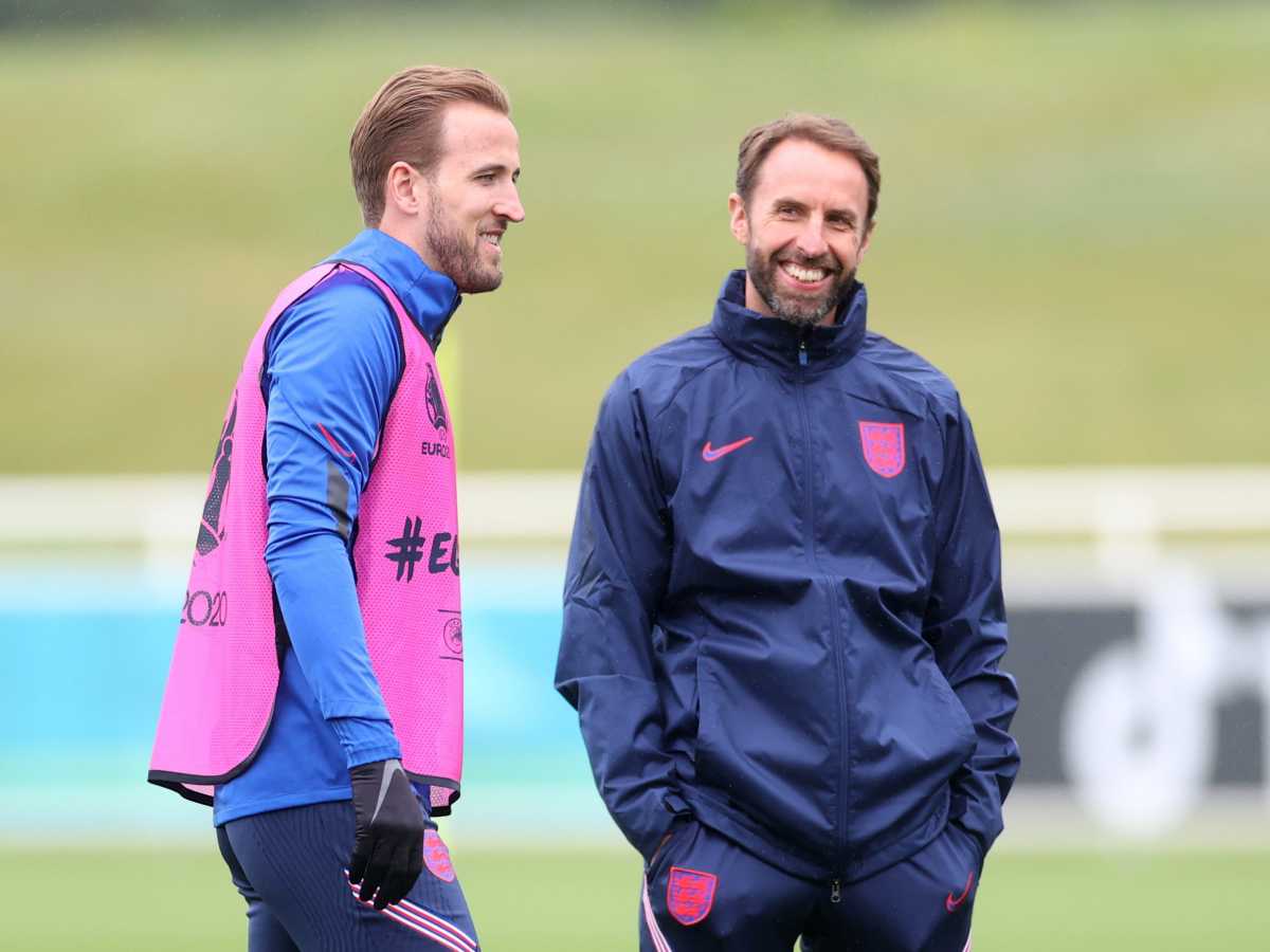 Soccer Football - Euro 2020 - England training -  St. George's Park, Burton Upon Trent, Britain - June 28, 2021 England manager Gareth Southgate and Harry Kane during training REUTERS