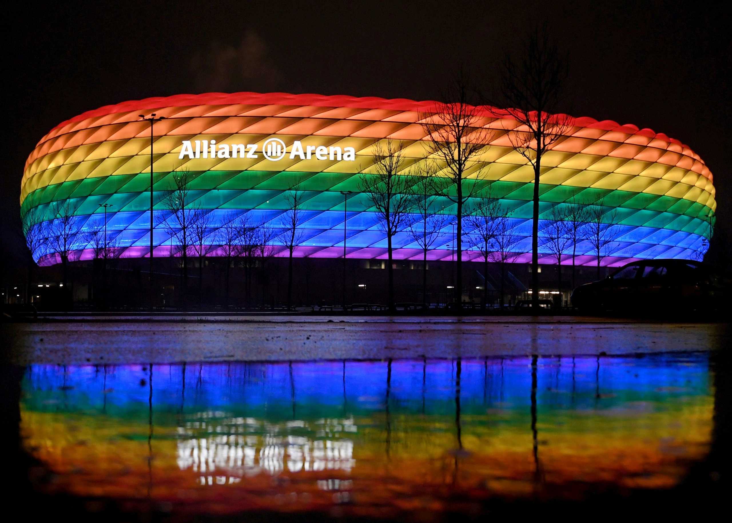 FILE PHOTO: Soccer Football - Bundesliga - Bayern Munich v TSG 1899 Hoffenheim - Allianz Arena, Munich, Germany - January 30, 2021 General view outside the stadium in rainbow colours after the match Pool via REUTERS