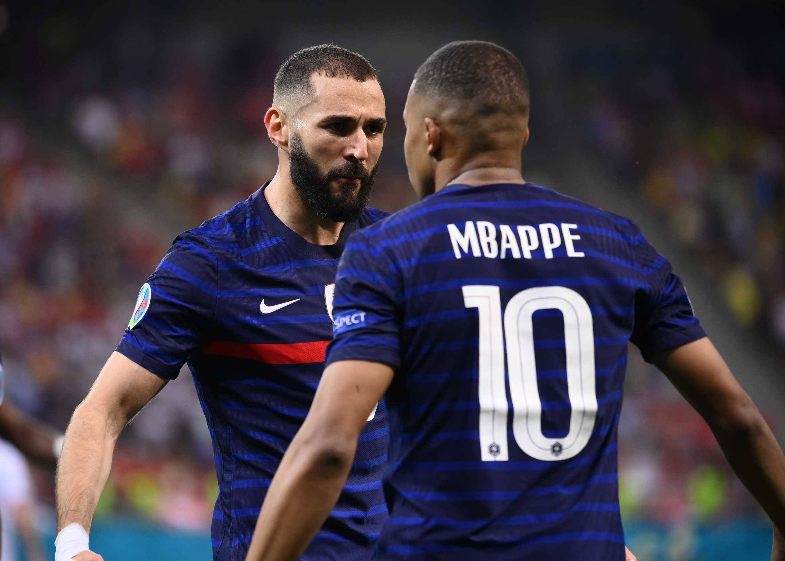 Soccer Football - Euro 2020 - Round of 16 - France v Switzerland - National Arena Bucharest, Bucharest, Romania - June 28, 2021   France's Karim Benzema celebrates scoring their first goal with teammate Kylian Mbappe Pool via REUTERS