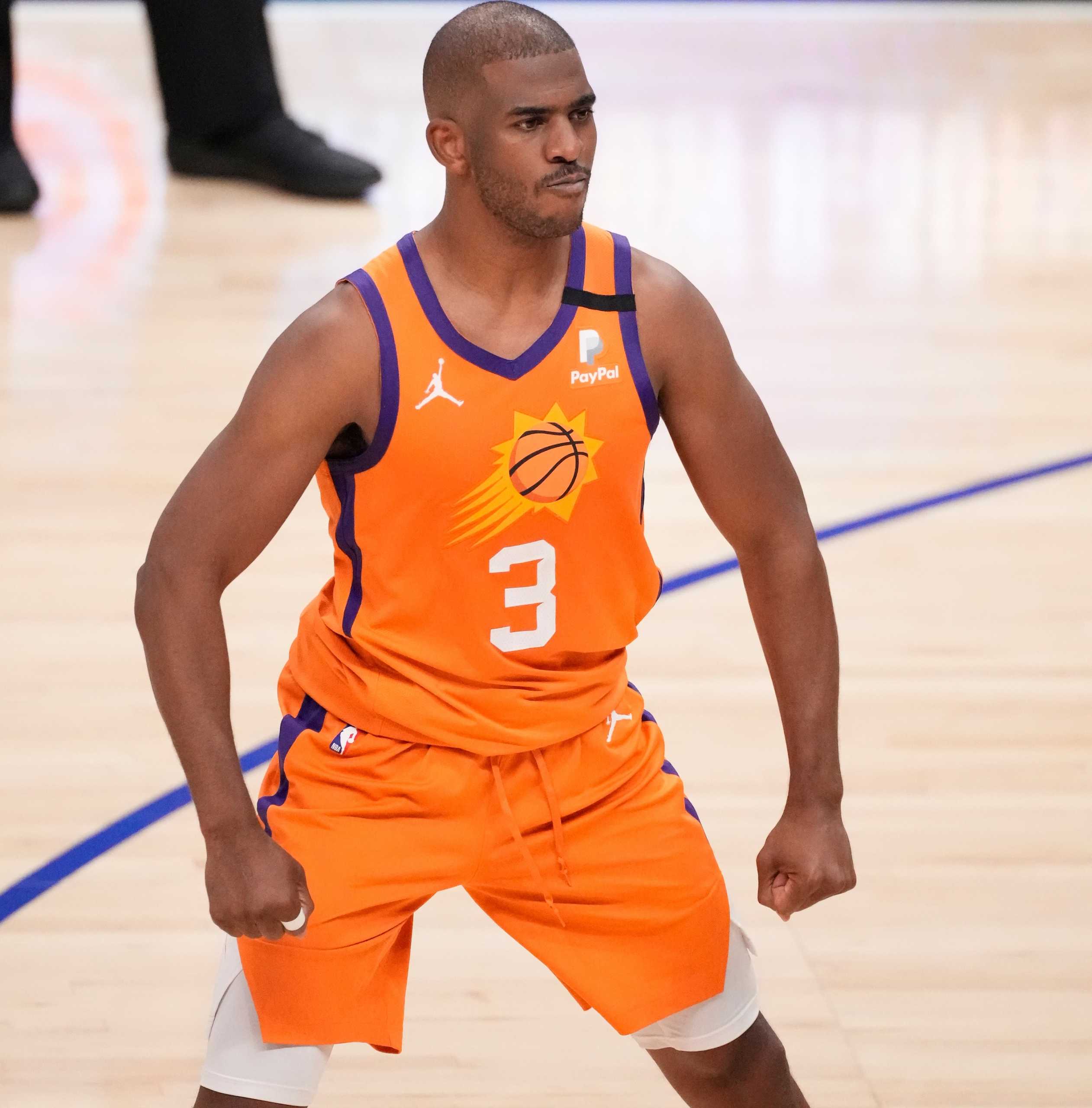 Jun 26, 2021; Los Angeles, California, USA; Phoenix Suns guard Chris Paul (3) reacts as time runs out in the Suns victory over the LA Clippers in game four of the Western Conference Finals for the 2021 NBA Playoffs at Staples Center. Mandatory Credit: Robert Hanashiro-USA TODAY Sports
