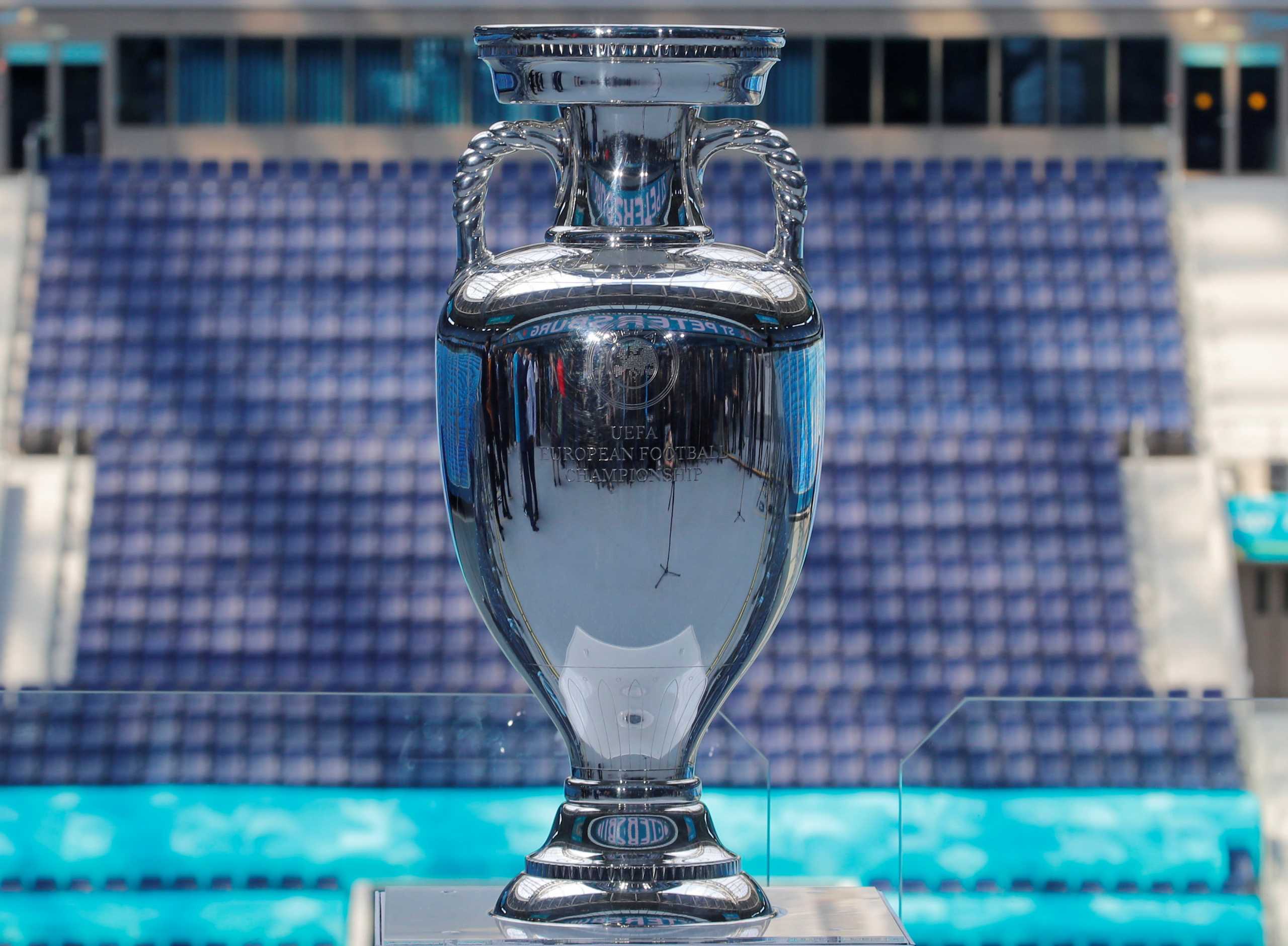 The UEFA Euro 2020 trophy is displayed at the Gazprom Arena soccer stadium, one of the host venues for the Euro 2020 tournament, in Saint Petersburg, Russia May 22, 2021. REUTERS