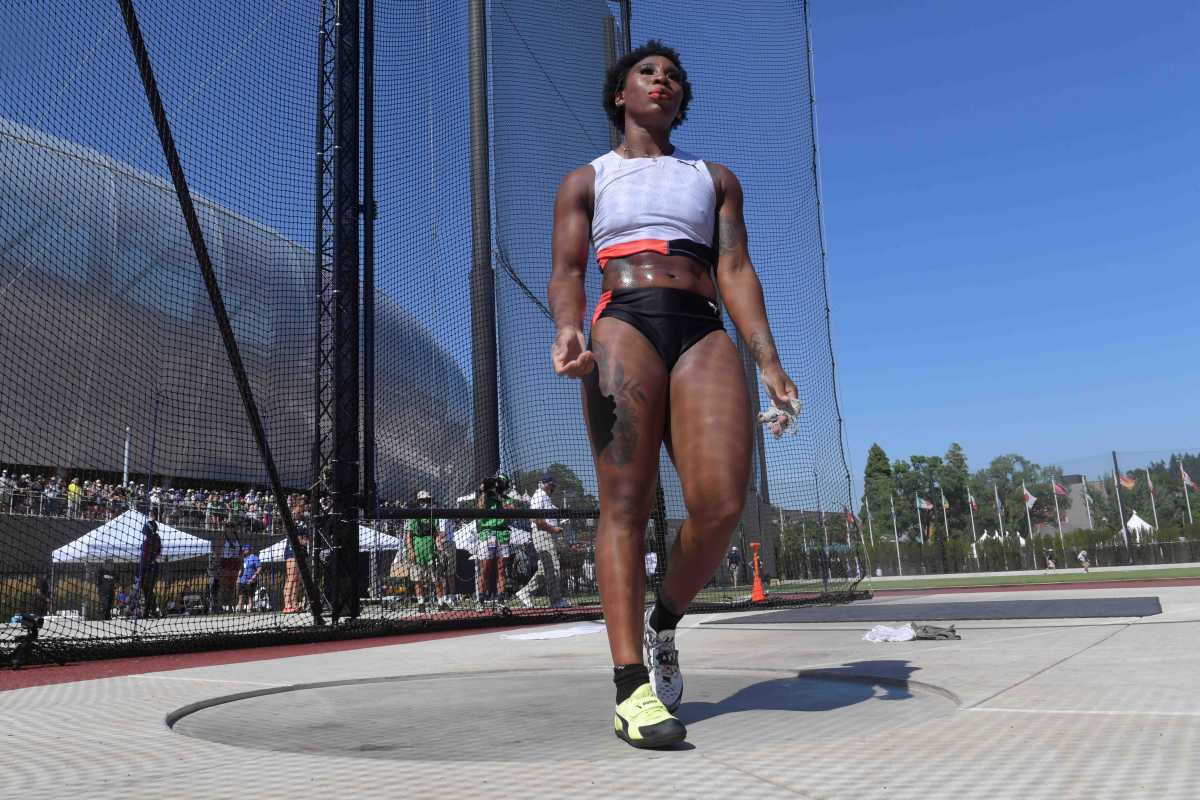 Jun 26, 2021; Eugene, OR, USA; Gwendolyn Berry aka Gwen Berry reacts after placing third in the women's hammer with a throw of 241-2 (73.50m) during the US Olympic Team Trials at Hayward Field. Mandatory Credit: Kirby Lee-USA TODAY Sports