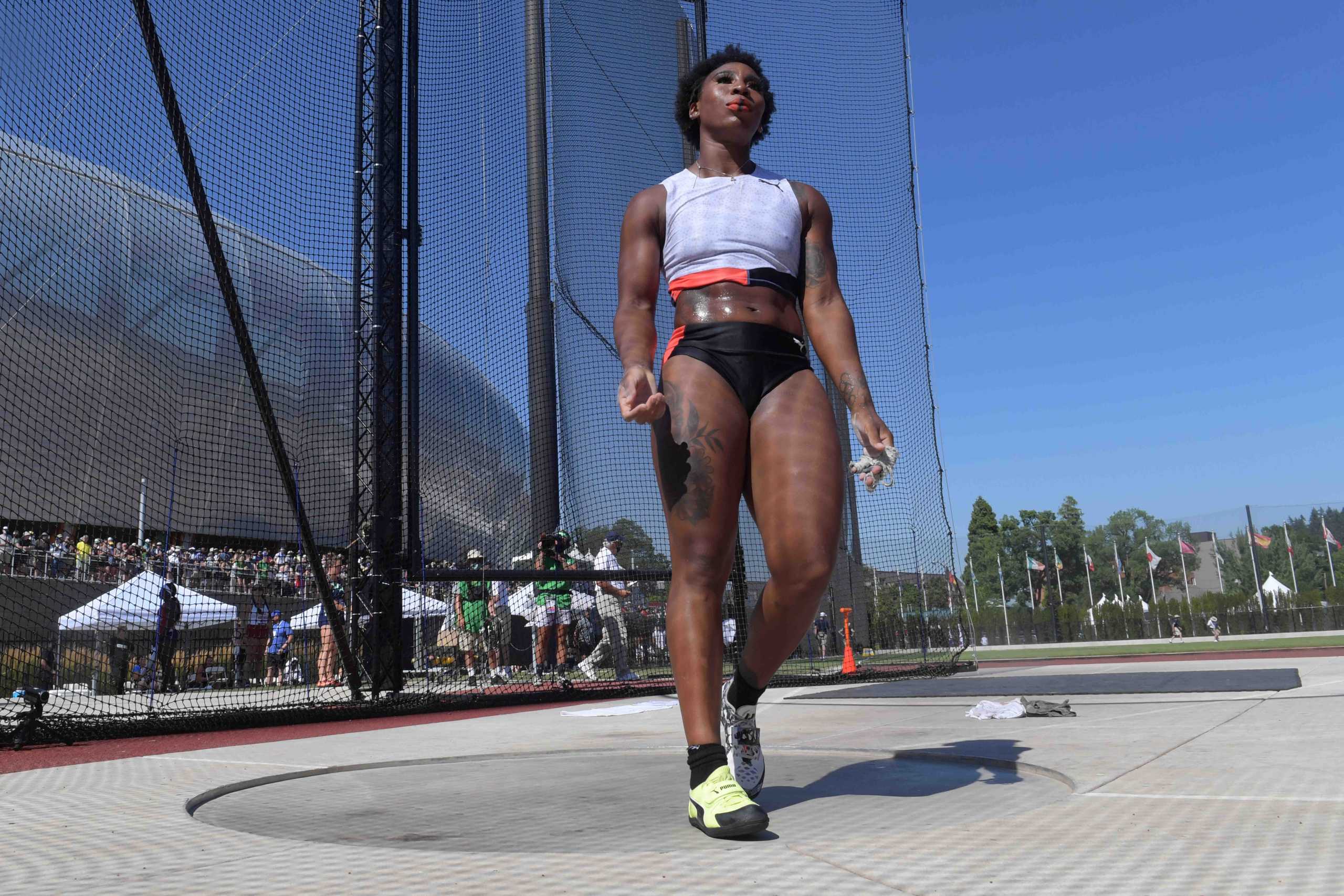 Jun 26, 2021; Eugene, OR, USA; Gwendolyn Berry aka Gwen Berry reacts after placing third in the women's hammer with a throw of 241-2 (73.50m) during the US Olympic Team Trials at Hayward Field. Mandatory Credit: Kirby Lee-USA TODAY Sports