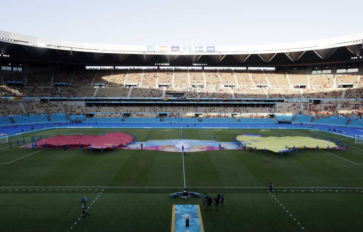 Soccer Football - Euro 2020 - Group E - Spain v Sweden - La Cartuja, Seville, Spain - June 14, 2021 General view as giant shirts of both teams are displayed inside the stadium before the match Pool via REUTERS