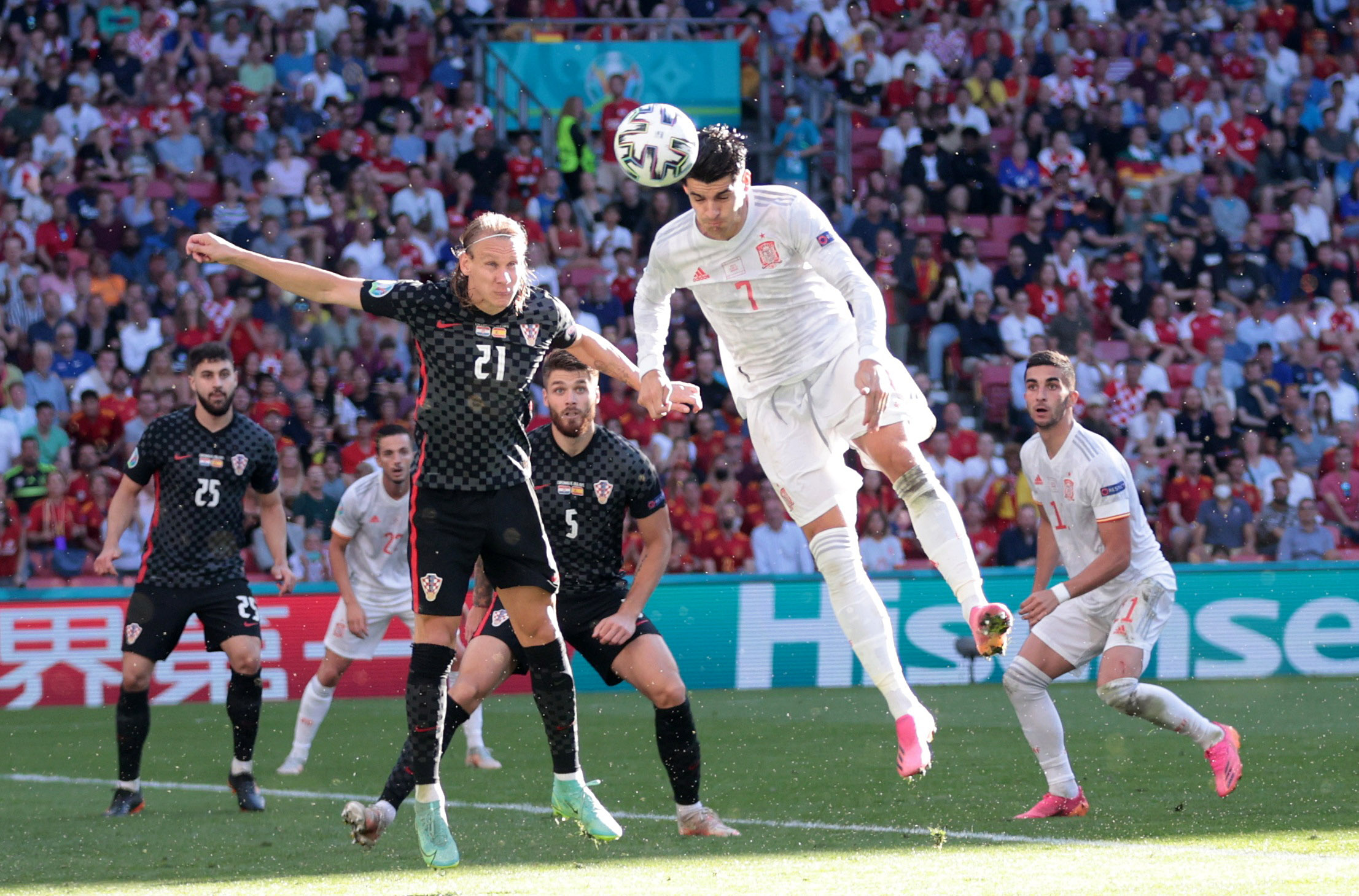 Soccer Football - Euro 2020 - Round of 16 - Croatia v Spain - Parken Stadium, Copenhagen, Denmark - June 28, 2021 Spain's Alvaro Morata in action with Croatia's Domagoj Vida Pool via REUTERS