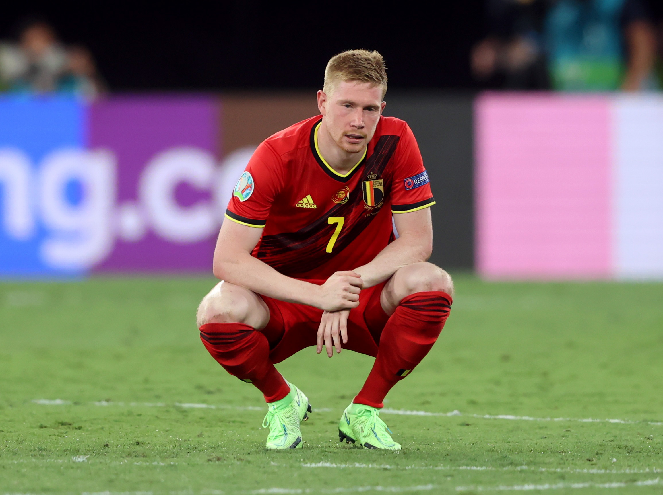 Soccer Football - Euro 2020 - Round of 16 - Belgium v Portugal - La Cartuja Stadium, Seville, Spain - June 27, 2021 Belgium's Kevin De Bruyne after sustaining an injury Pool via REUTERS