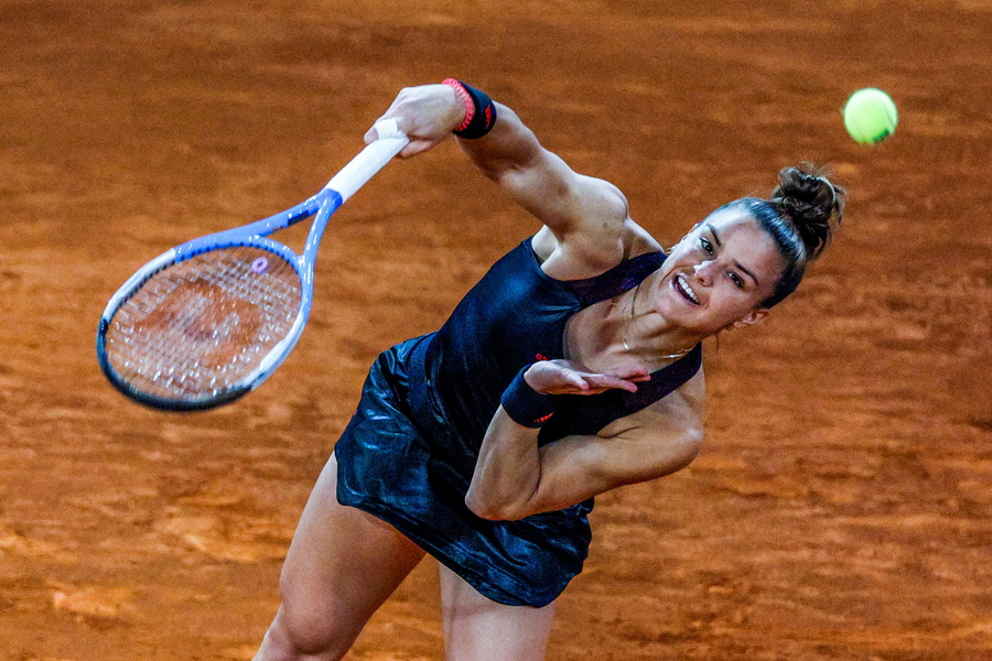 epa09177940 Maria Sakkari of Greece in action during her match against Karolina Muchova of Czech Republic at the Mutua Madrid Open tennis tournament in Madrid, Spain, 04 May 2021.  EPA
