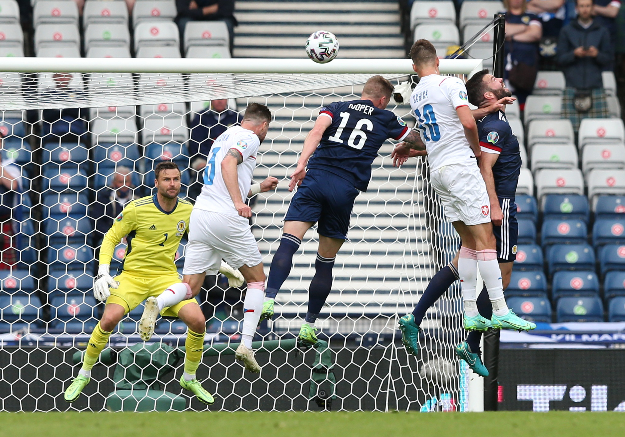 Soccer Football - Euro 2020 - Group D - Scotland v Czech Republic - Hampden Park, Glasgow, Scotland, Britain - June 14, 2021  Czech Republic's Patrik Schick scores their first goal Pool via REUTERS