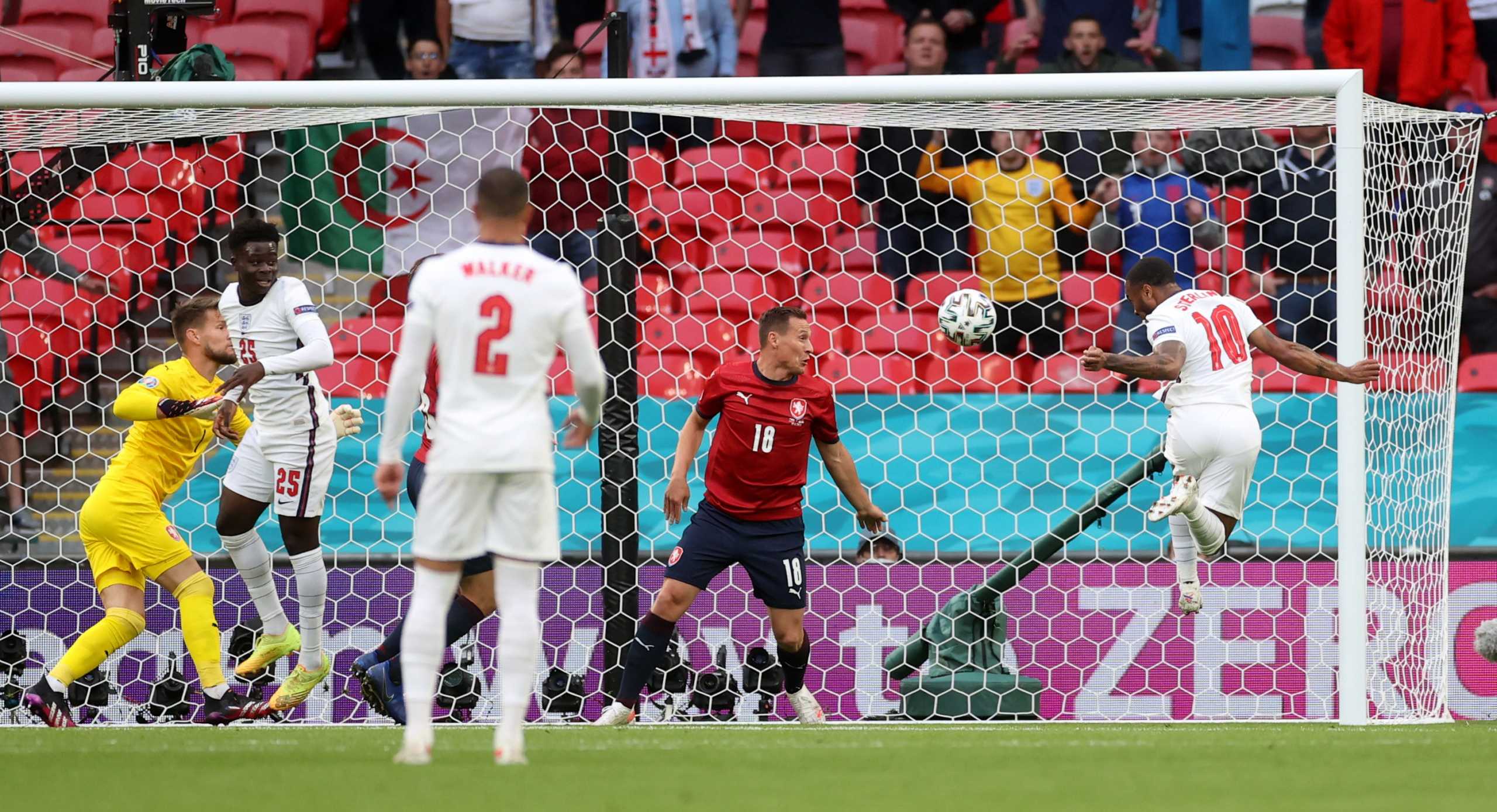Soccer Football - Euro 2020 - Group D - Czech Republic v England - Wembley Stadium, London, Britain - June 22, 2021 England's Raheem Sterling scores their first goal Pool via REUTERS