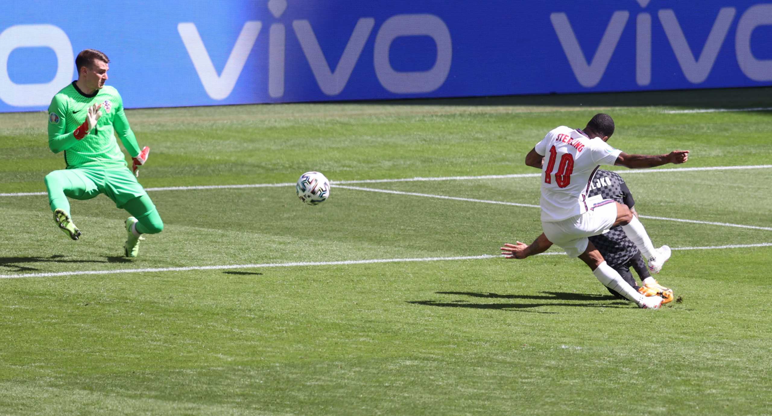 Soccer Football - Euro 2020 - Group D - England v Croatia - Wembley Stadium, London, Britain - June 13, 2021 England's Raheem Sterling scores their first goal Pool via REUTERS