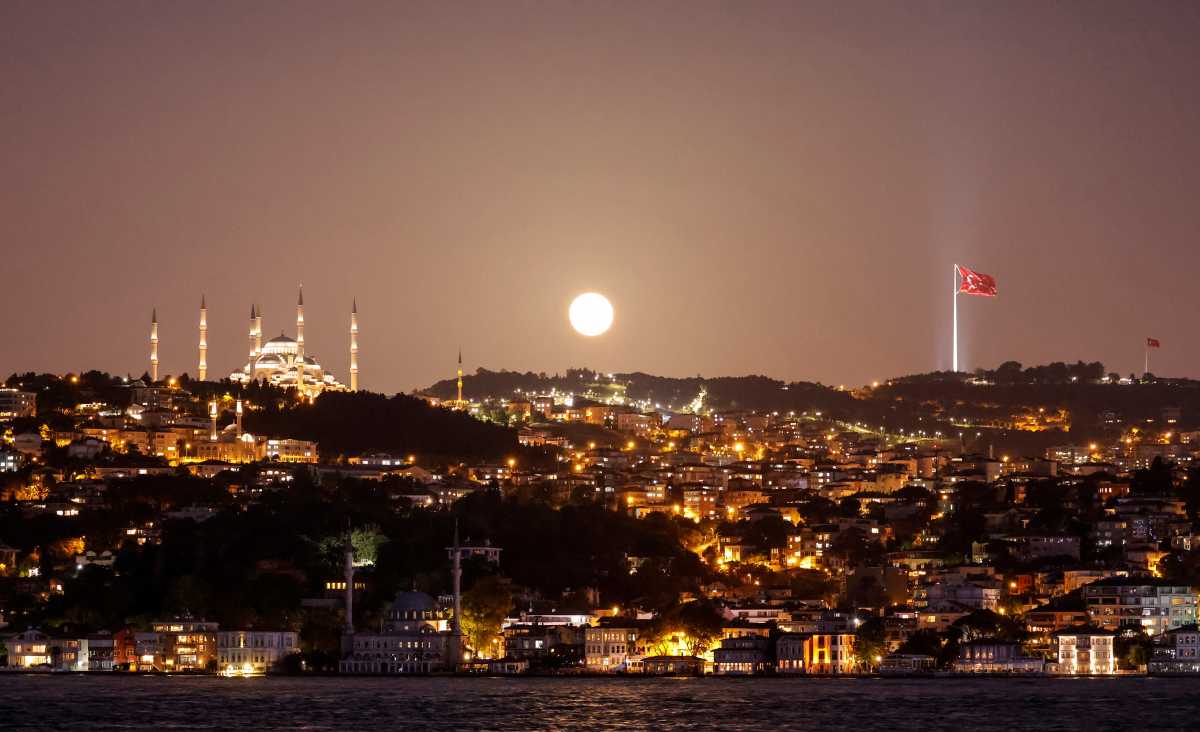 The full moon, known as the "Super Flower Moon", rises above the Camlica Mosque in Istanbul, Turkey May 26, 2021. REUTERS