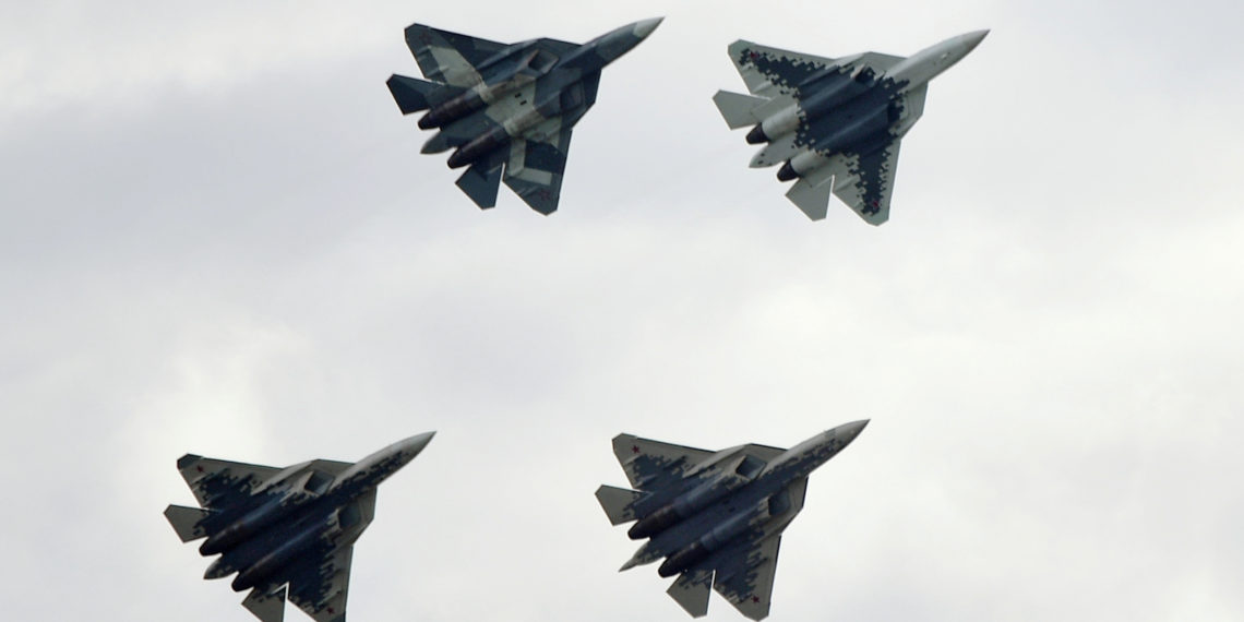 Sukhoi Su-57 fighter jets perform at the MAKS 2019 air show in Zhukovsky, outside Moscow, Russia, August 27, 2019.  Sputnik