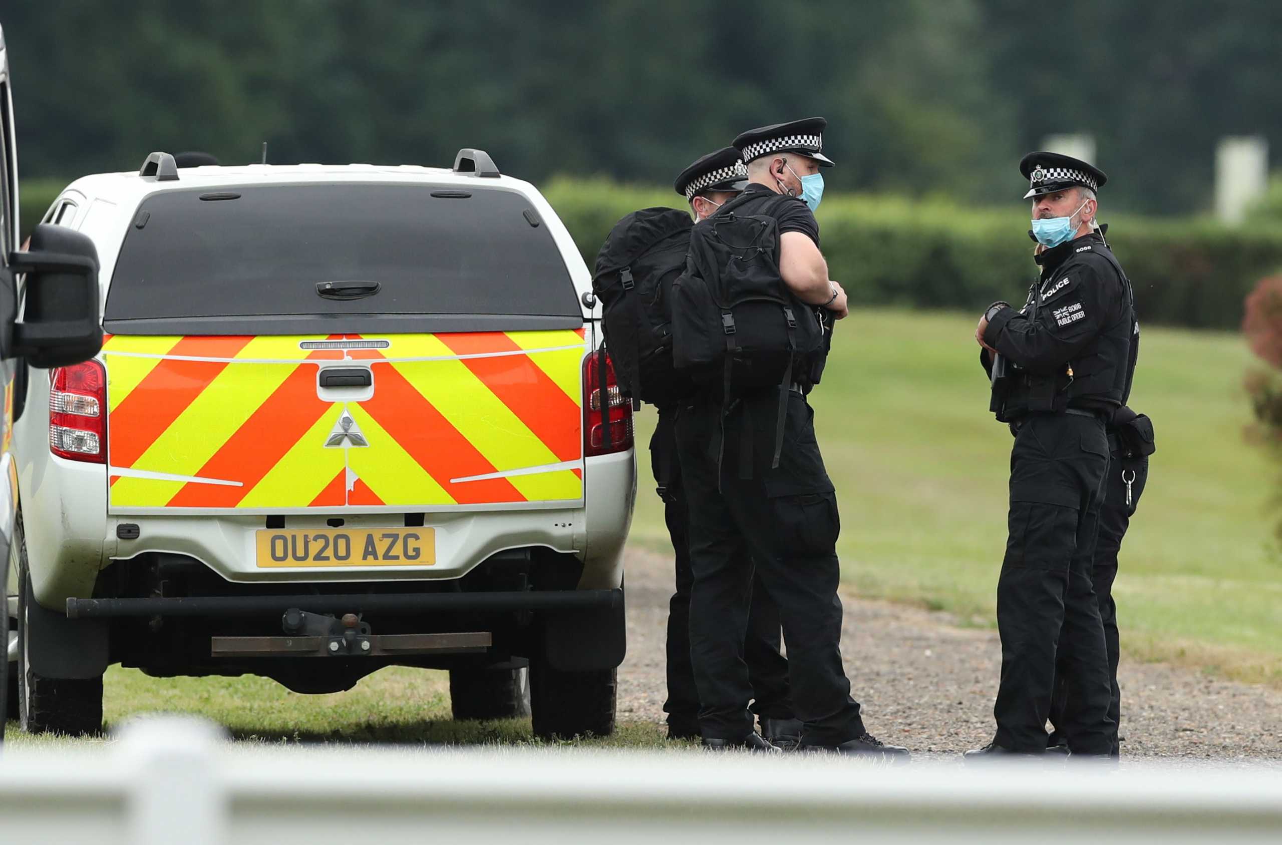 Horse Racing - Royal Ascot - Ascot Racecourse, Ascot, Britain - June 19, 2021 Police officers are seen after extinction rebellion protestors are on the racecourse Action Images via Reuters