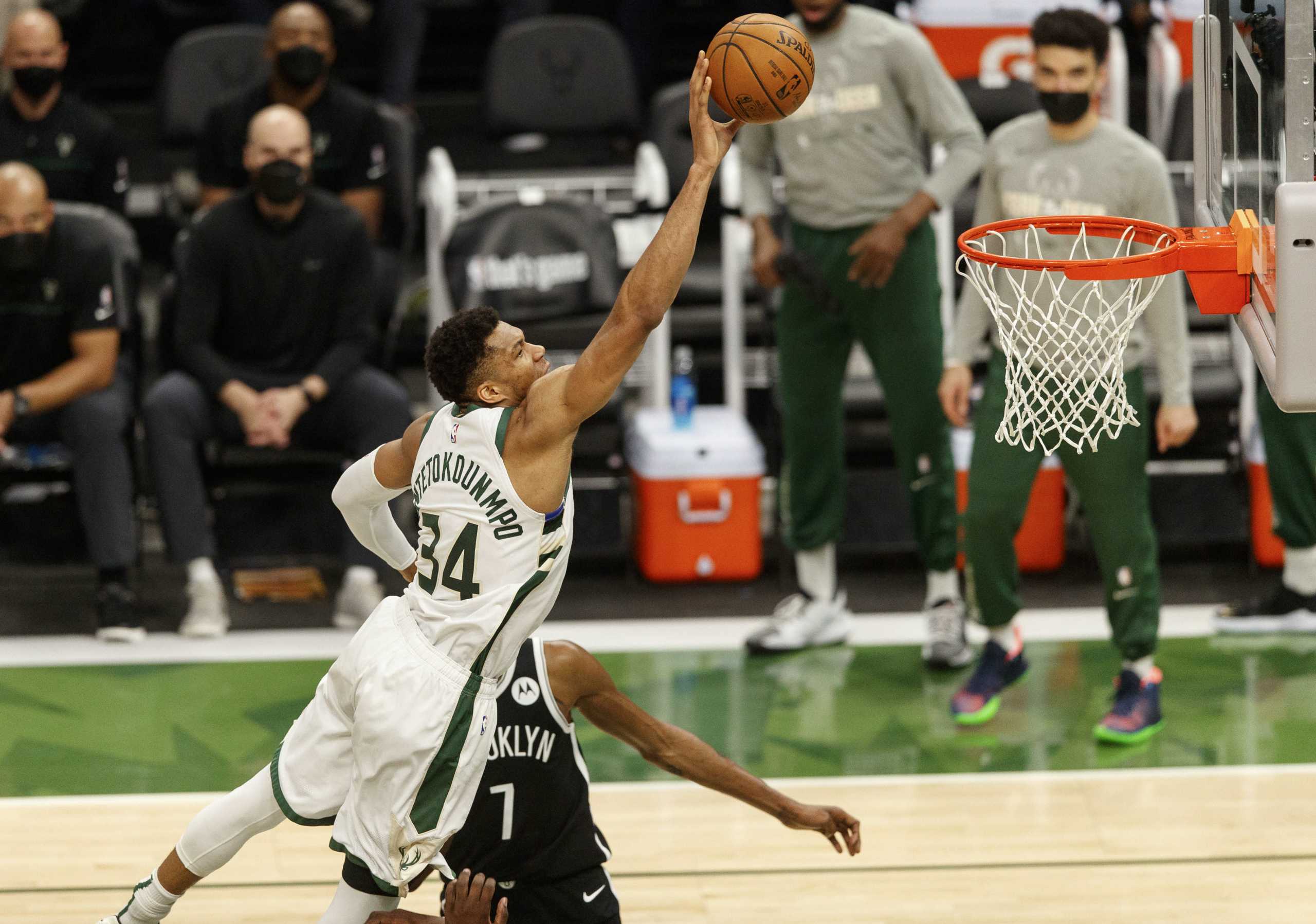 Jun 13, 2021; Milwaukee, Wisconsin, USA;  Milwaukee Bucks forward Giannis Antetokounmpo (34) shoots during the first quarter against the Brooklyn Nets during game four in the second round of the 2021 NBA Playoffs. at Fiserv Forum. Mandatory Credit: Jeff Hanisch-USA TODAY Sports