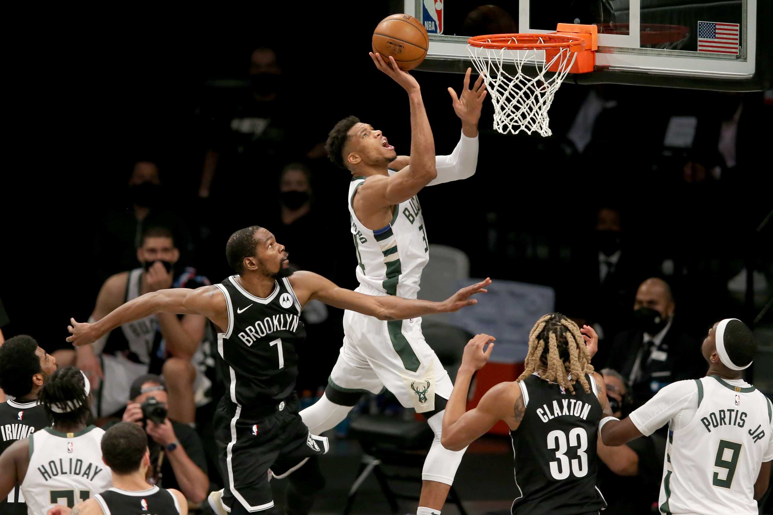 Jun 5, 2021; Brooklyn, New York, USA; Milwaukee Bucks power forward Giannis Antetokounmpo (34) drives to the basket against Brooklyn Nets power forward Kevin Durant (7) during the third quarter of game one of the Eastern Conference semifinals of the 2021 NBA Playoffs at Barclays Center. Mandatory Credit: Brad Penner-USA TODAY Sports