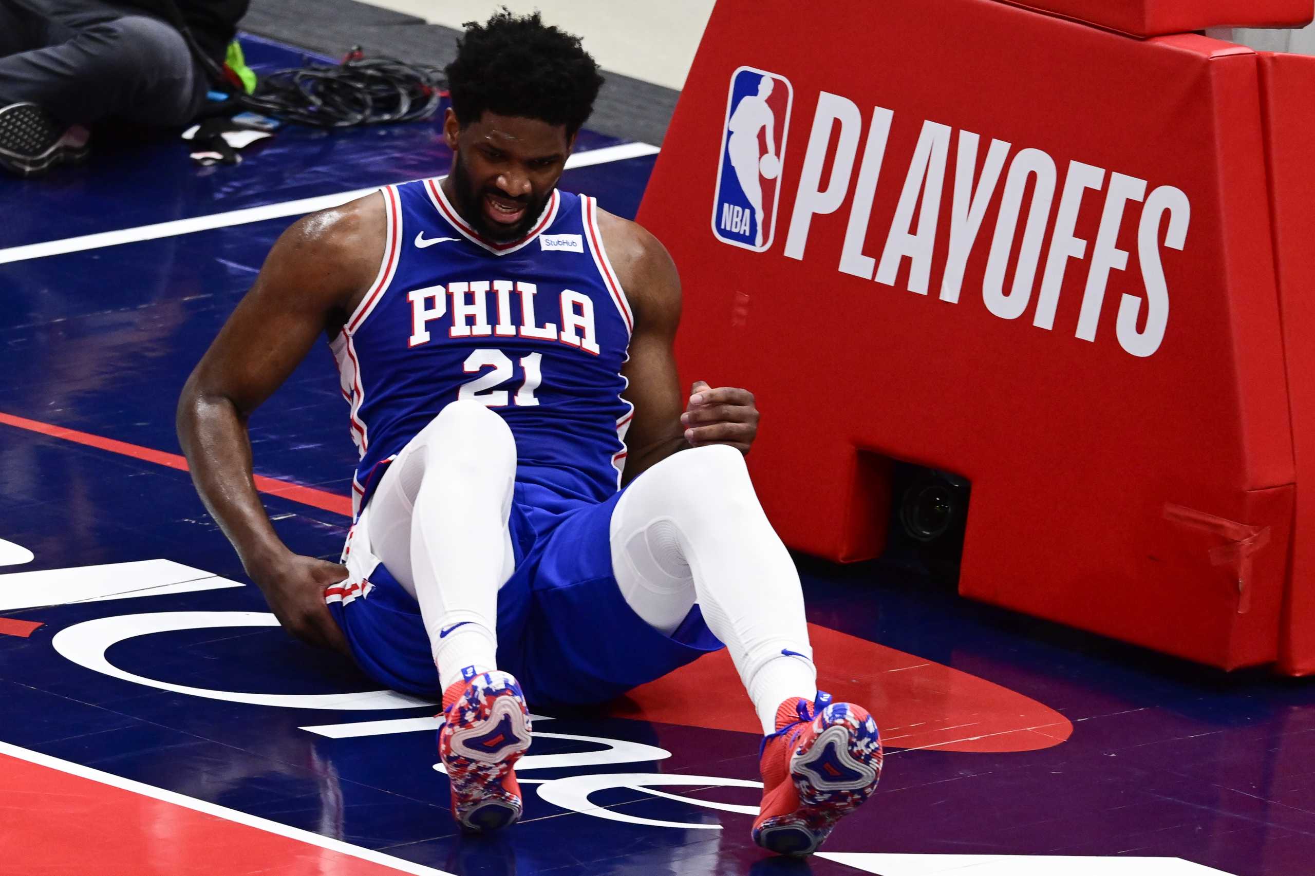 May 31, 2021; Washington, District of Columbia, USA; Philadelphia 76ers center Joel Embiid (21) reacts after a play during game four against the Washington Wizards  in the first round of the 2021 NBA Playoffs. at Capital One Arena. Mandatory Credit: Tommy Gilligan-USA TODAY Sports