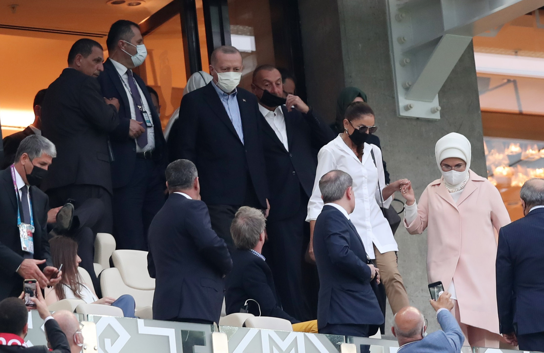 Soccer Football - Euro 2020 - Group A - Turkey v Wales - Baku Olympic Stadium, Baku, Azerbaijan - June 16, 2021 President of Turkey Recep Tayyip Erdogan and President of Azerbaijan Ilham Aliyev in the stands before the match Pool via REUTERS