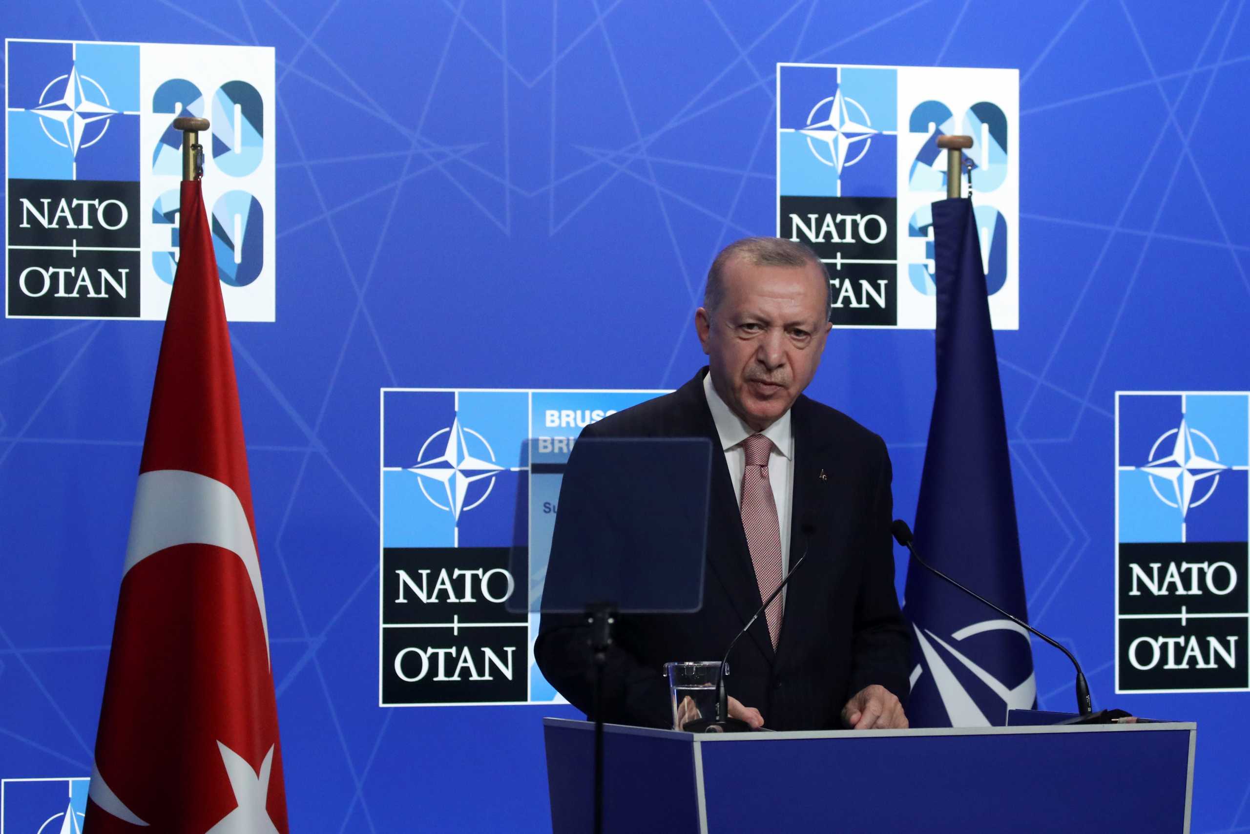 Turkey's President Tayyip Erdogan holds a news conference during the NATO summit at the Alliance's headquarters in Brussels, Belgium June 14, 2021. REUTERS