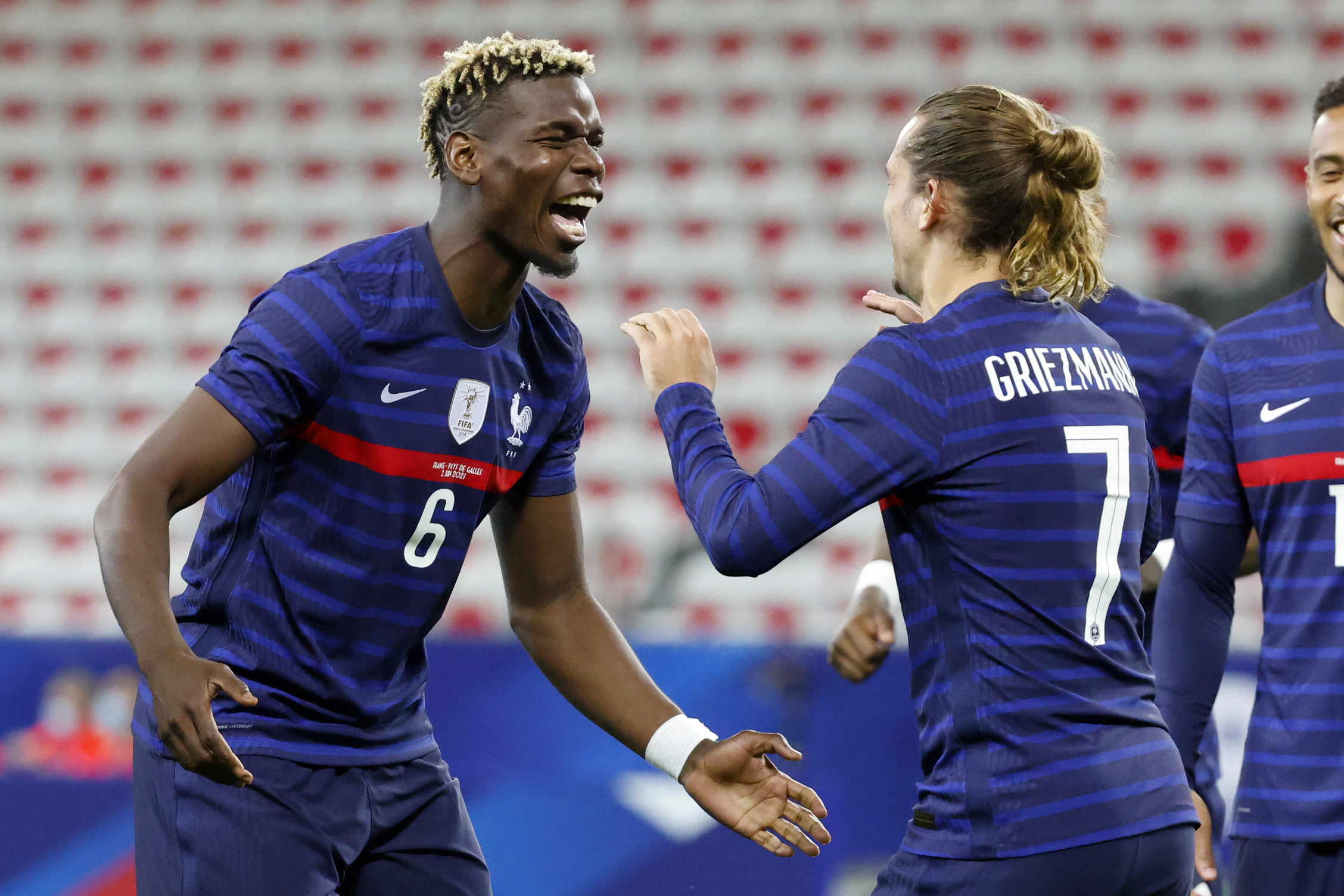 Soccer Football - International Friendly - France v Wales - Allianz Riviera, Nice, France - June 2, 2021  France's Antoine Griezmann celebrates scoring their second goal with teammate Paul Pogba REUTERS