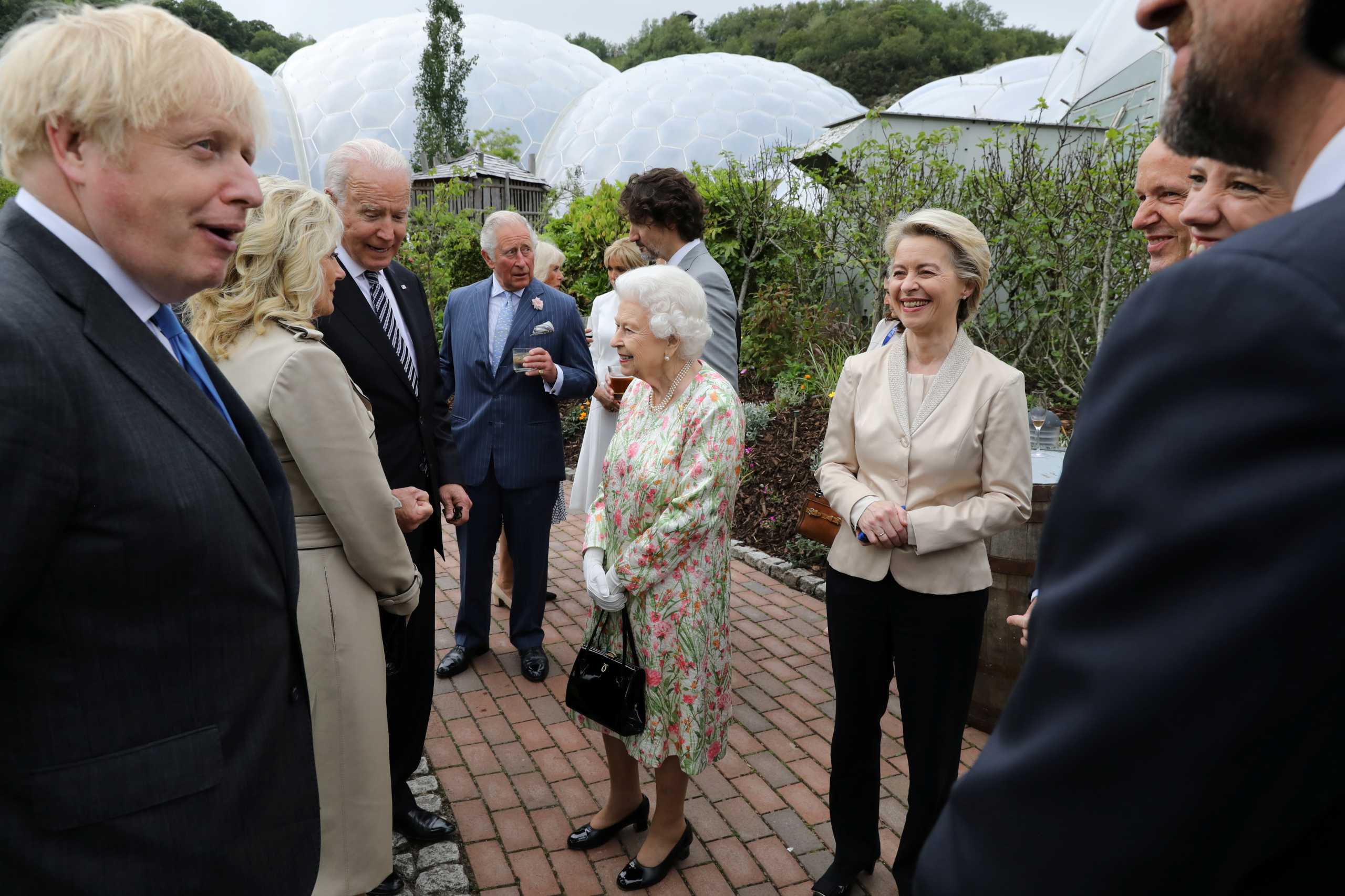 Britain's Prime Minister Boris Johnson, U.S. President Joe Biden and his wife Jill Biden, European Commission President Ursula von der Leyen and Canada's Prime Minister Justin Trudeau along with Britain's Queen Elizabeth and Prince Charles attend a drinks reception on the sidelines of the G7 summit, at the Eden Project in Cornwall, Britain June 11, 2021. Jack Hill