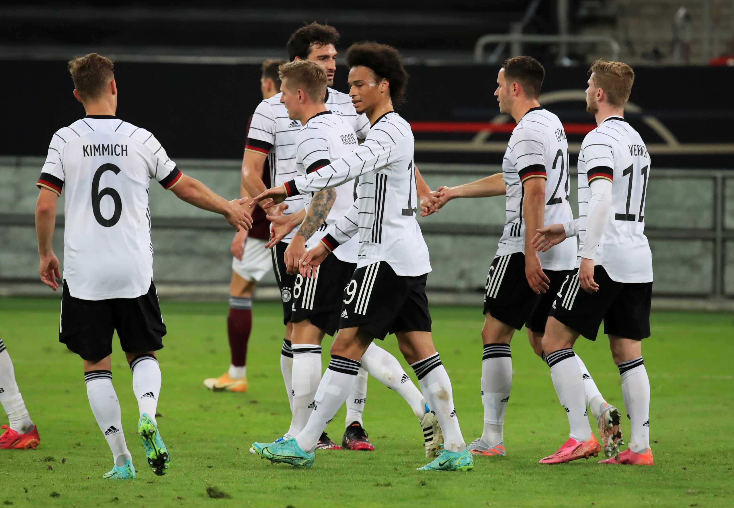 Soccer Football - International Friendly - Germany v Latvia - Merkur Spiel-Arena, Dusseldorf, Germany - June 7, 2021 Germany's Leroy Sane celebrates scoring their seventh goal with teammates REUTERS
