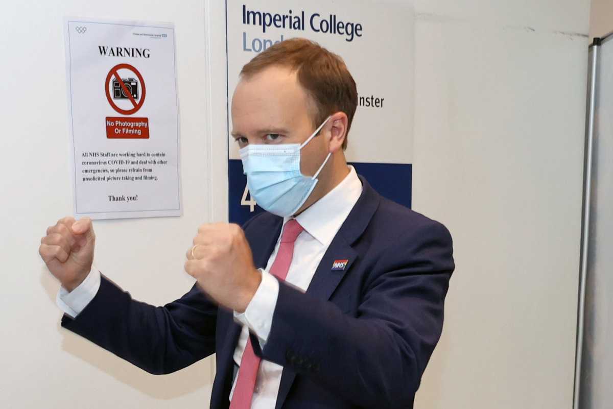Britain's Health Secretary Matt Hancock gestures during a tour of Chelsea and Westminster hospital in London, Britain June 17, 2021. Steve Reigate