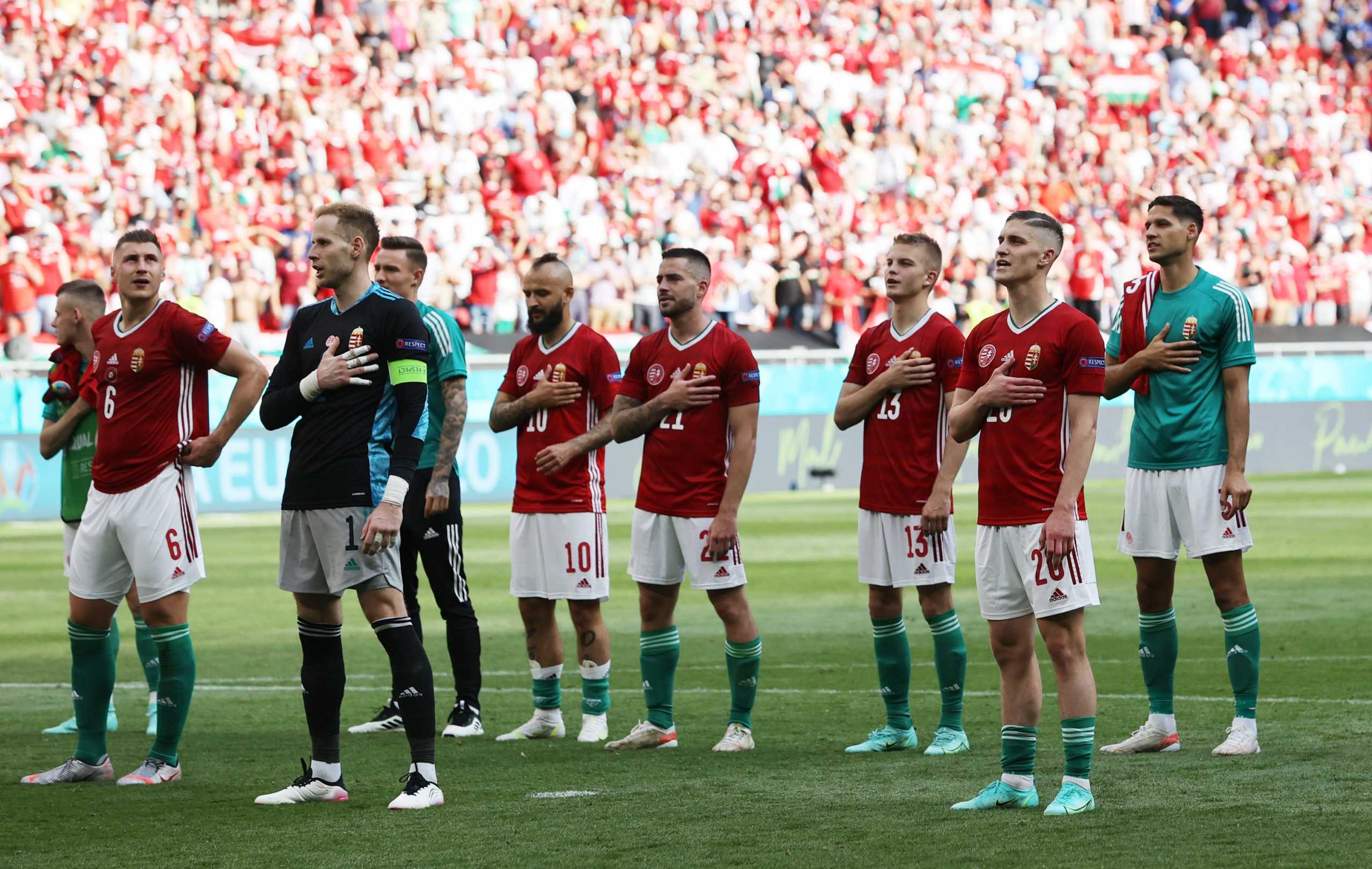 Soccer Football - Euro 2020 - Group F - Hungary v France - Puskas Arena, Budapest, Hungary - June 19, 2021  Hungary players celebrate after the match Pool via REUTERS