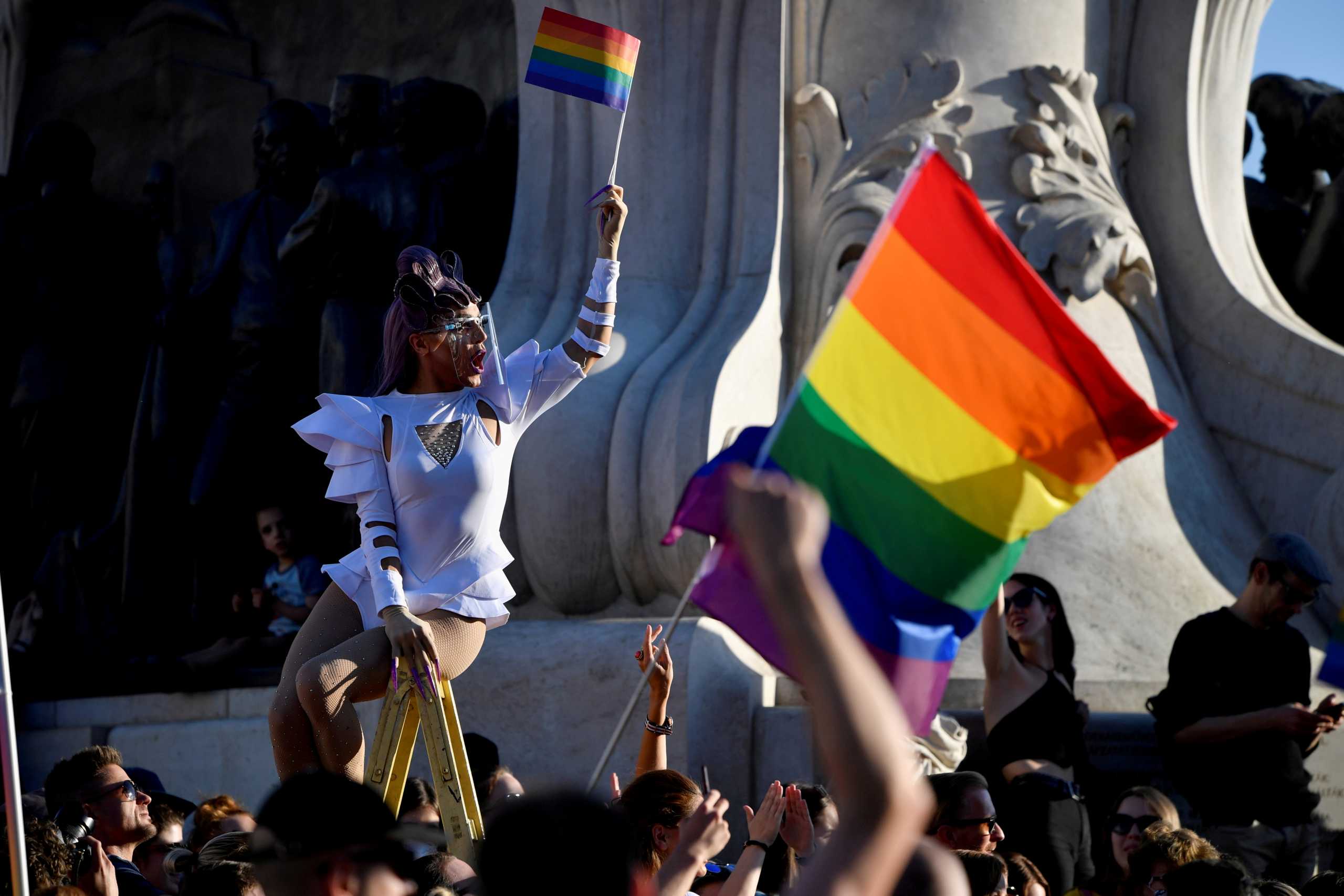 FILE PHOTO: Demonstrators protest against Hungarian Prime Minister Viktor Orban and the latest anti-LGBTQ law in Budapest, Hungary, June 14, 2021. REUTERS