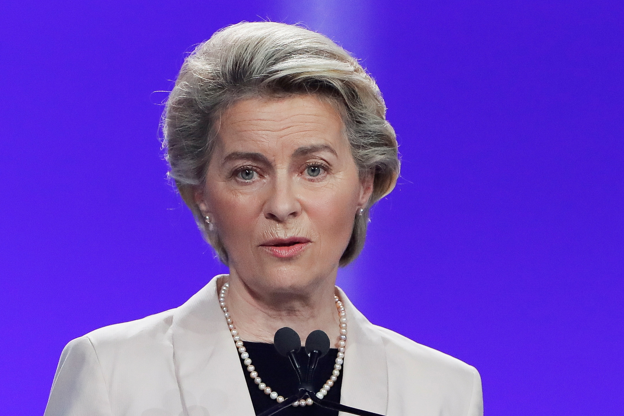FILE PHOTO: European Commission President Ursula von der Leyen speaks during a joint news conference with Italian Prime Minister Mario Draghi (not pictured), in Rome, Italy, June 22, 2021. REUTERS