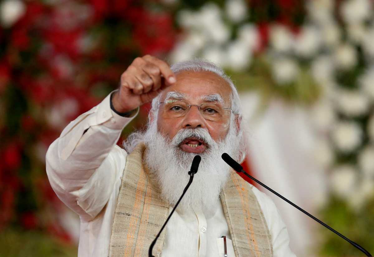 FILE PHOTO: India's Prime Minister Narendra Modi addresses a gathering before flagging off the "Dandi March", or Salt March, to celebrate the 75th anniversary of India's Independence, in Ahmedabad, India, March 12, 2021. REUTERS